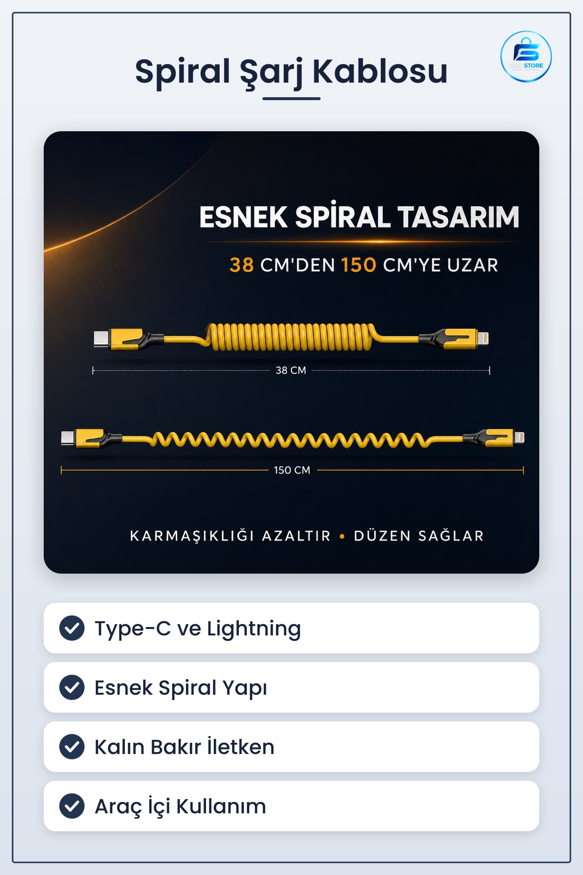 Araç İçi Spiral Hızlı Şarj Kablosu Esnek Yaylı Type-C ve Lightning Uyumlu Çoklu Bağlantı