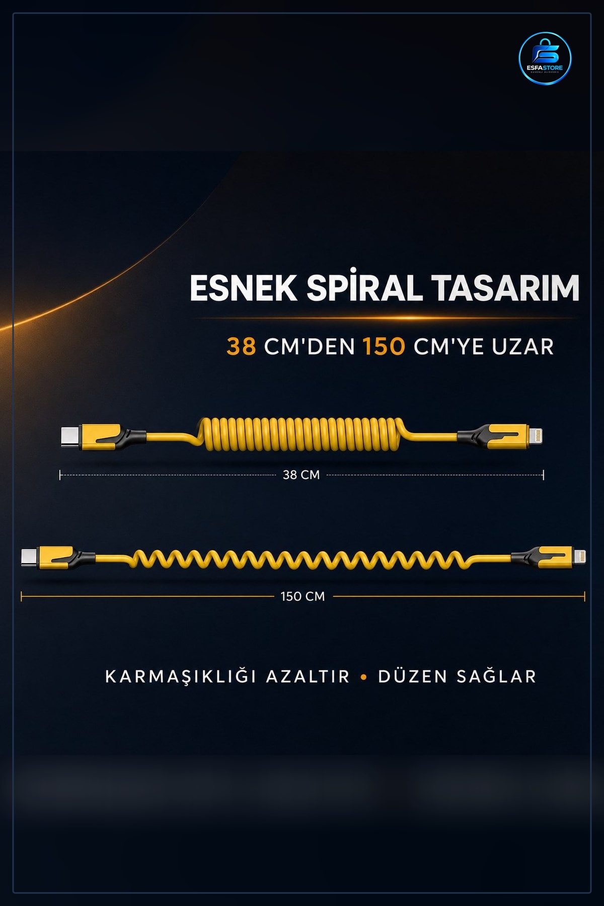 Araç İçi Spiral Hızlı Şarj Kablosu Esnek Yaylı Type-C ve Lightning Uyumlu Çoklu Bağlantı