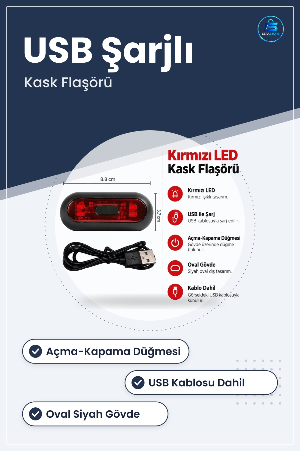 Kırmızı LED Kask Flaşörü USB Şarjlı 8,8 x 3,7 cm Oval Siyah Bisiklet Aksesuarı Motosiklet Işığı
