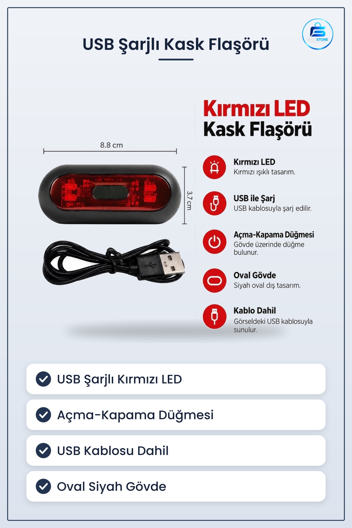 Kırmızı LED Kask Flaşörü USB Şarjlı 8,8 x 3,7 cm Oval Siyah Bisiklet Aksesuarı Motosiklet Işığı