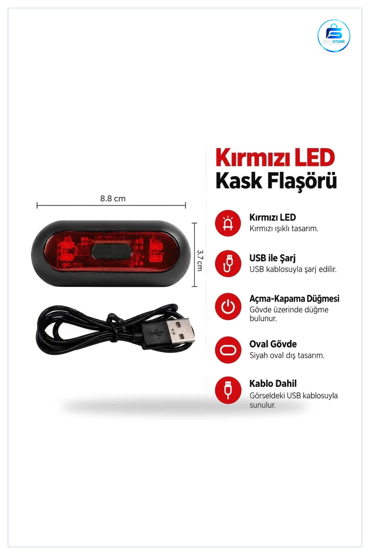 Kırmızı LED Kask Flaşörü USB Şarjlı 8,8 x 3,7 cm Oval Siyah Bisiklet Aksesuarı Motosiklet Işığı