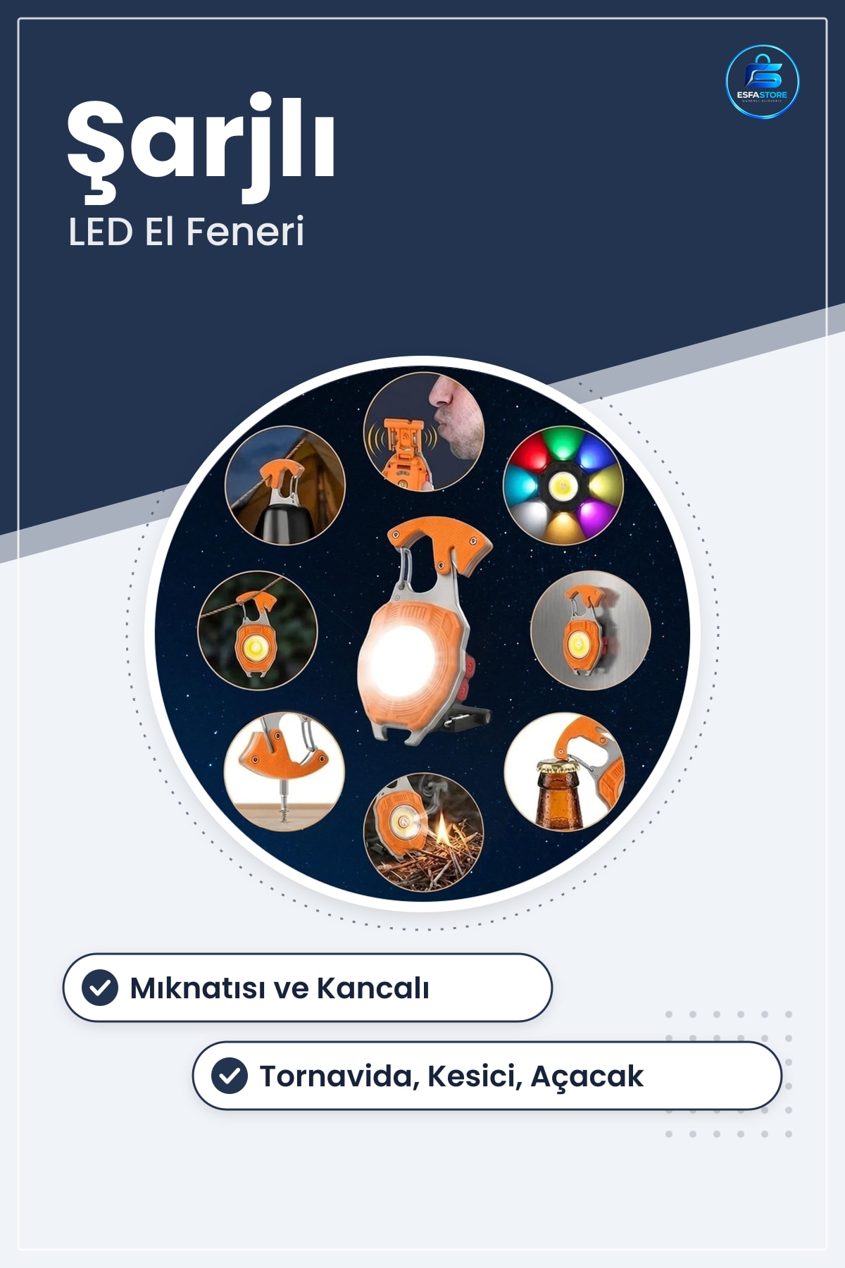 Çok Fonksiyonlu Şarjlı LED El Feneri Mıknatıslı Kancalı Tornavidalı Kesicili Açacaklı Kamp Pratik