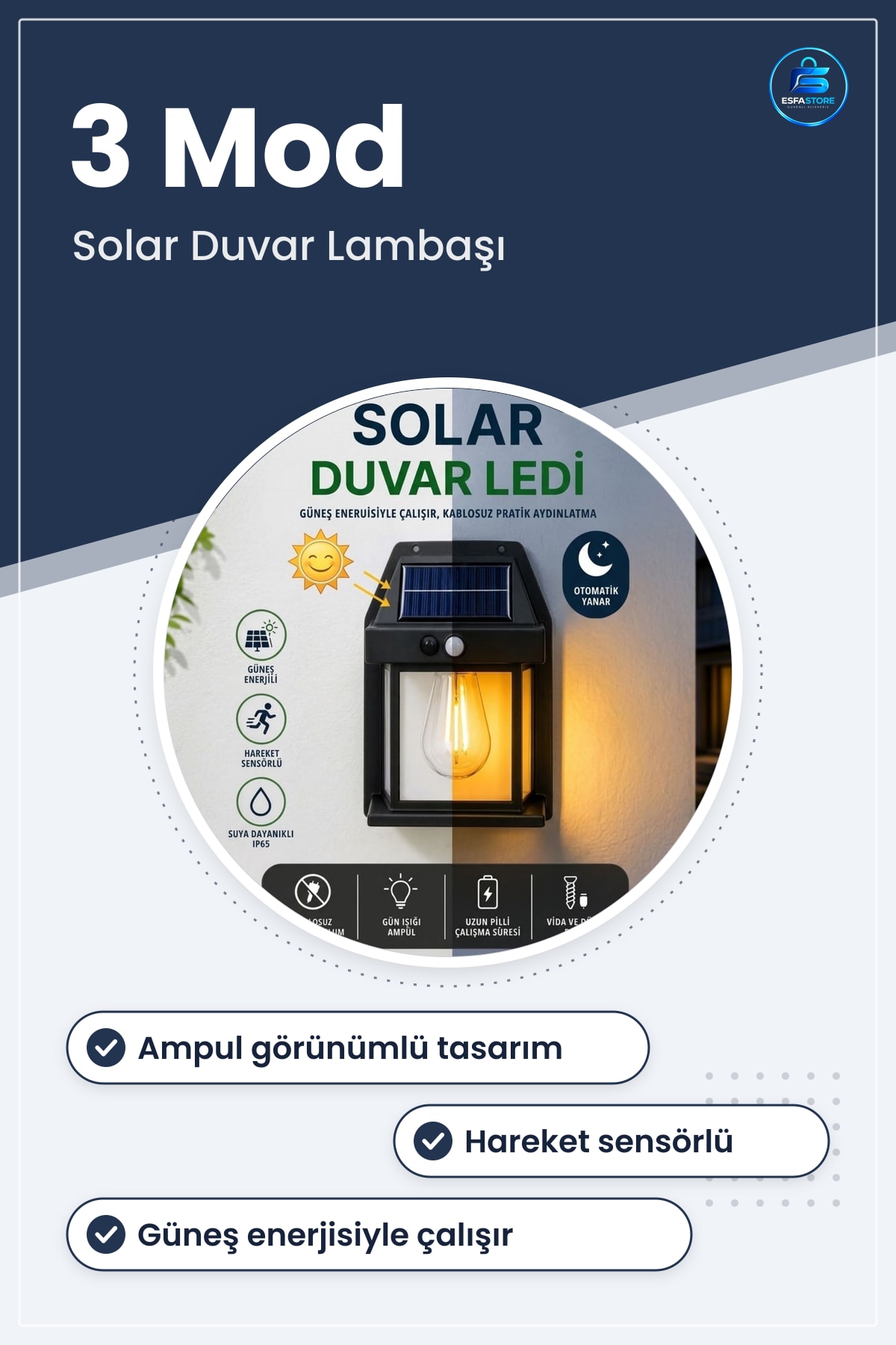 Ampul Model Solar LED Duvar Aplik Hareket Sensörlü Güneş Enerjili Kablosuz Dış Mekân Bahçe Lambası