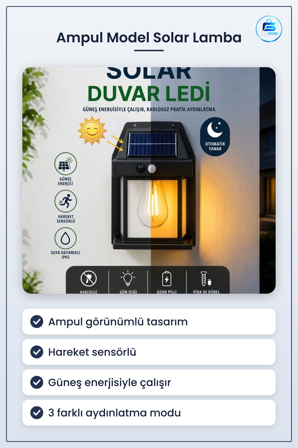Ampul Model Solar LED Duvar Aplik Hareket Sensörlü Güneş Enerjili Kablosuz Dış Mekân Bahçe Lambası