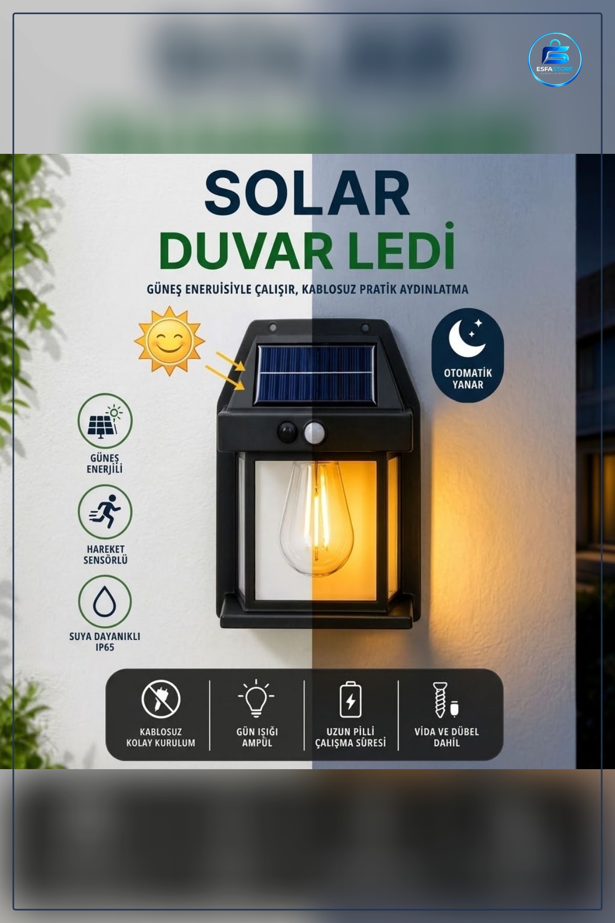 Ampul Model Solar LED Duvar Aplik Hareket Sensörlü Güneş Enerjili Kablosuz Dış Mekân Bahçe Lambası