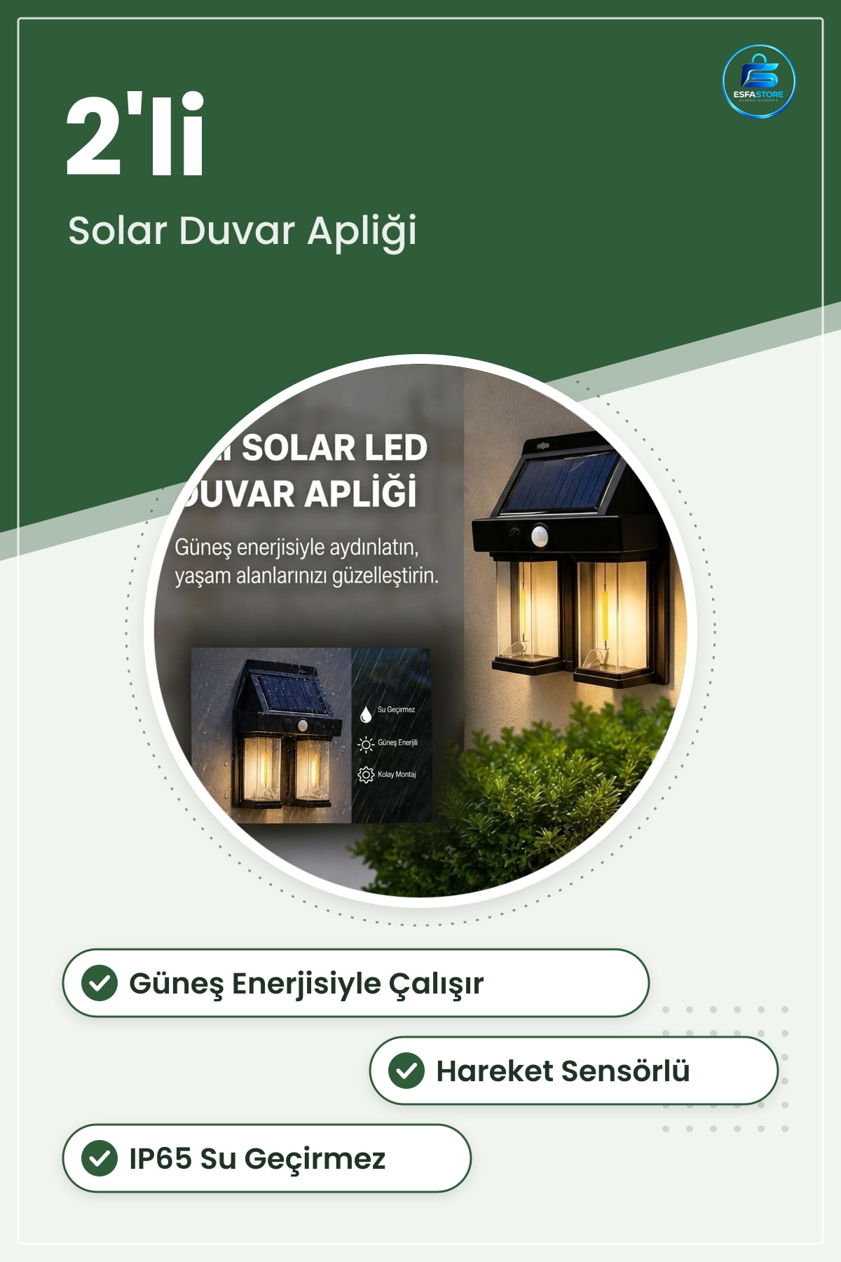 Solar LED Duvar Apliği 2'li Hareket Sensörlü Güneş Enerjili Bahçe Aydınlatması Kapı Lambası