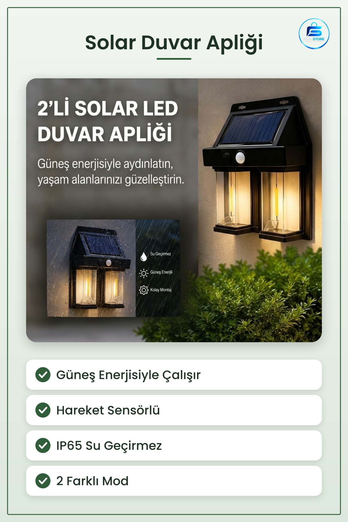 Solar LED Duvar Apliği 2'li Hareket Sensörlü Güneş Enerjili Bahçe Aydınlatması Kapı Lambası