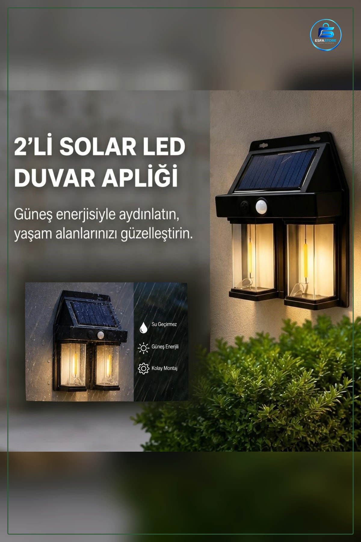 Solar LED Duvar Apliği 2'li Hareket Sensörlü Güneş Enerjili Bahçe Aydınlatması Kapı Lambası