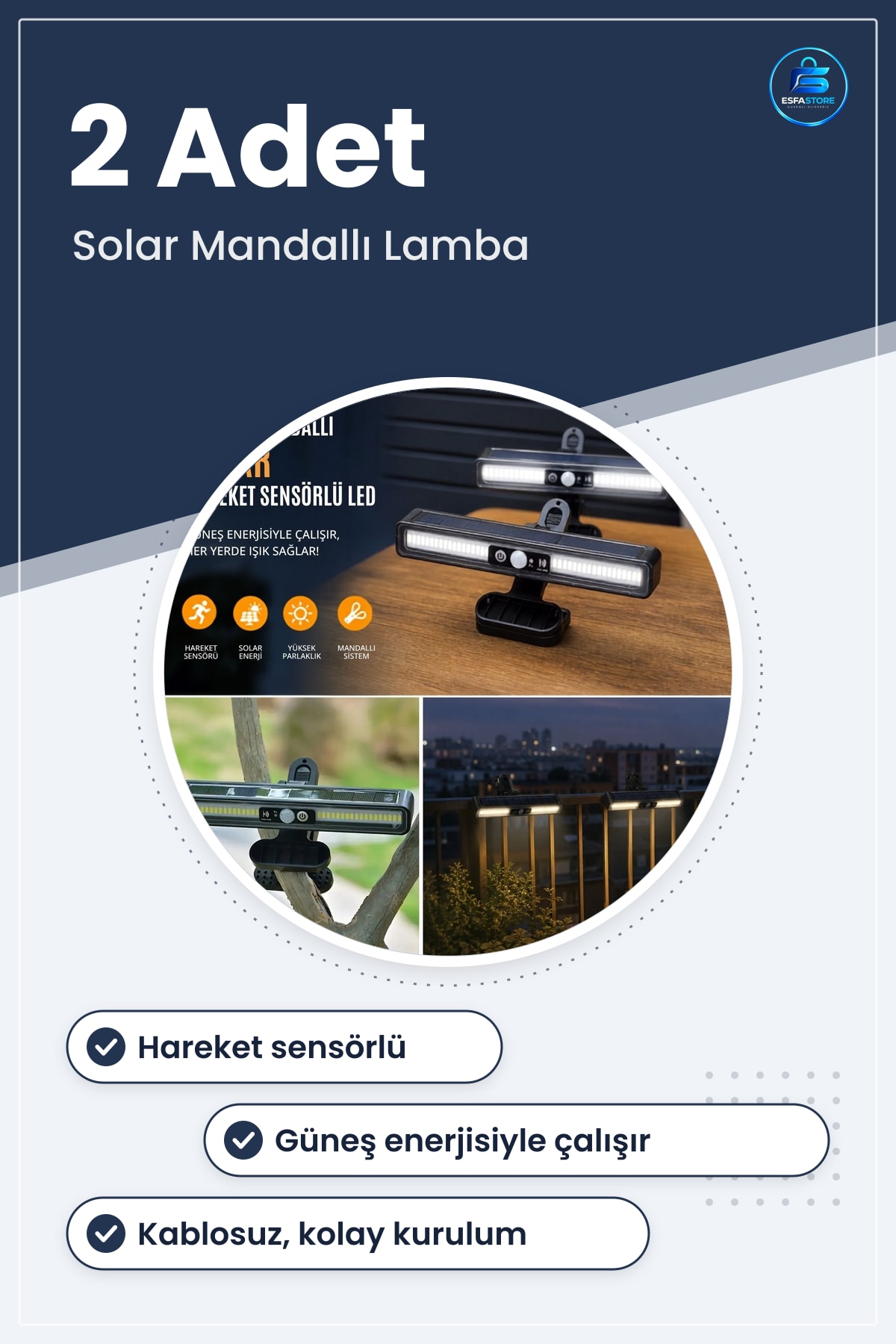 Mandallı Solar LED Lamba Hareket Sensörlü Güneş Enerjili Kablosuz Dış Mekân Duvar Aydınlatma