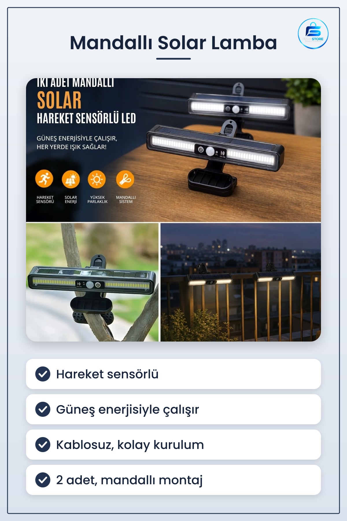Mandallı Solar LED Lamba Hareket Sensörlü Güneş Enerjili Kablosuz Dış Mekân Duvar Aydınlatma