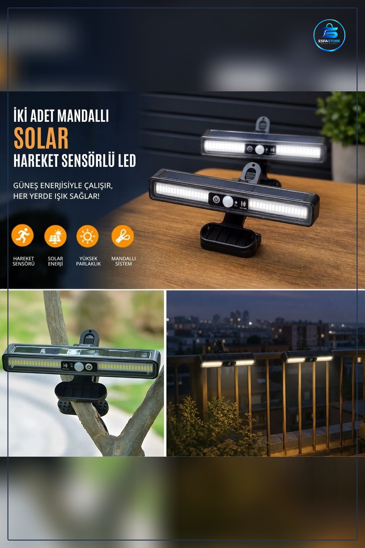 Mandallı Solar LED Lamba Hareket Sensörlü Güneş Enerjili Kablosuz Dış Mekân Duvar Aydınlatma