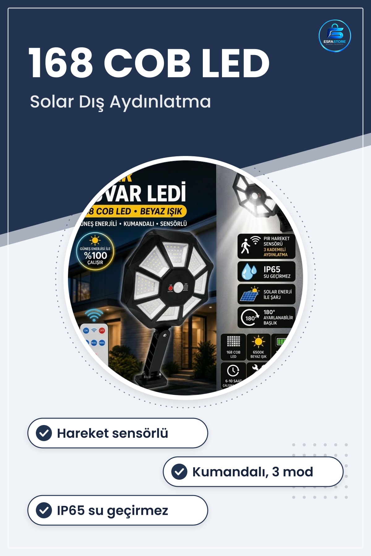 Solar Duvar Lambası Hareket Sensörlü Kumandalı Kablosuz Su Geçirmez Dış Mekan LED Aydınlatma
