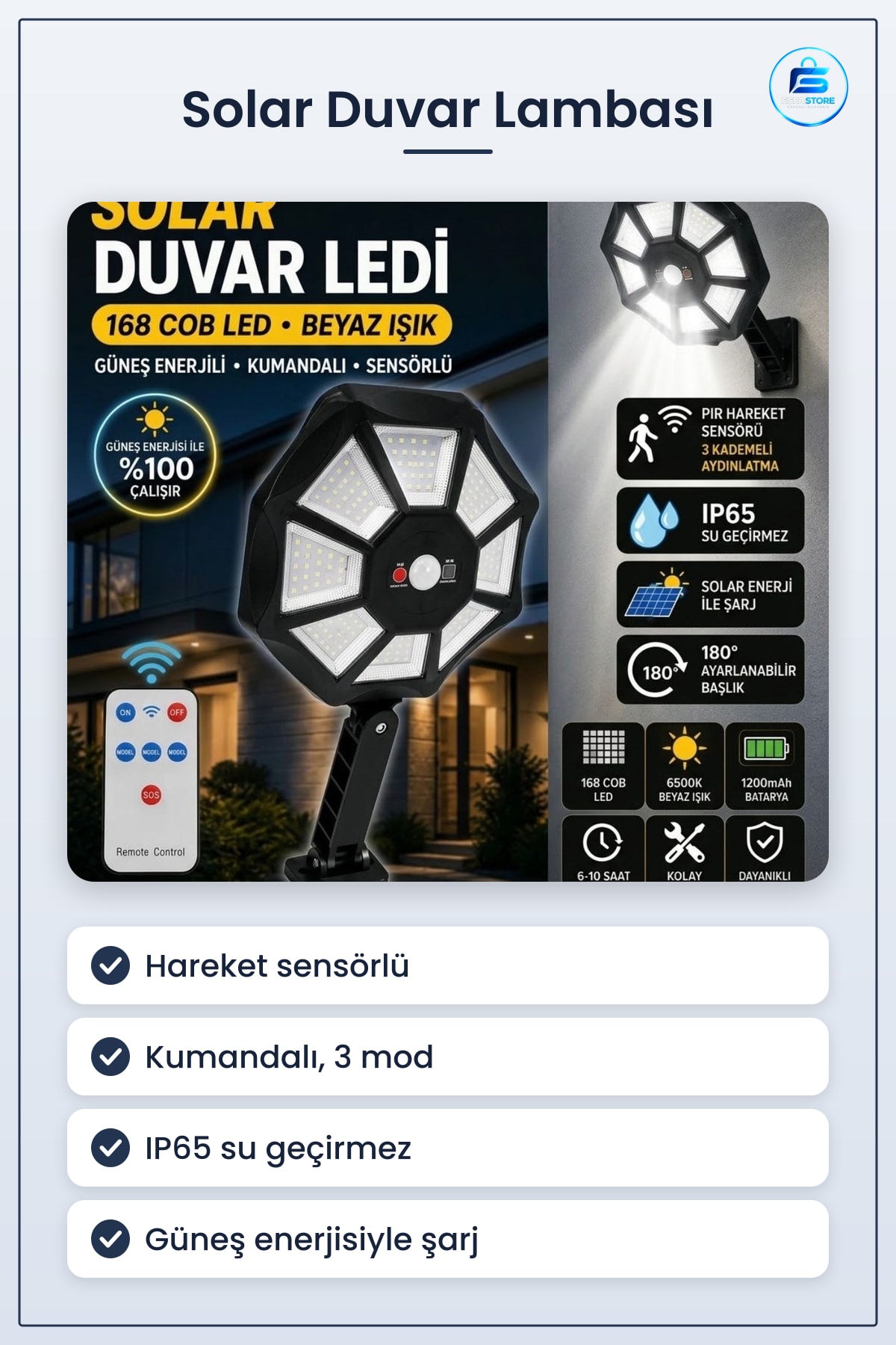 Solar Duvar Lambası Hareket Sensörlü Kumandalı Kablosuz Su Geçirmez Dış Mekan LED Aydınlatma