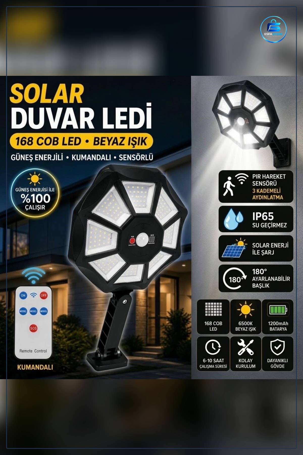 Solar Duvar Lambası Hareket Sensörlü Kumandalı Kablosuz Su Geçirmez Dış Mekan LED Aydınlatma