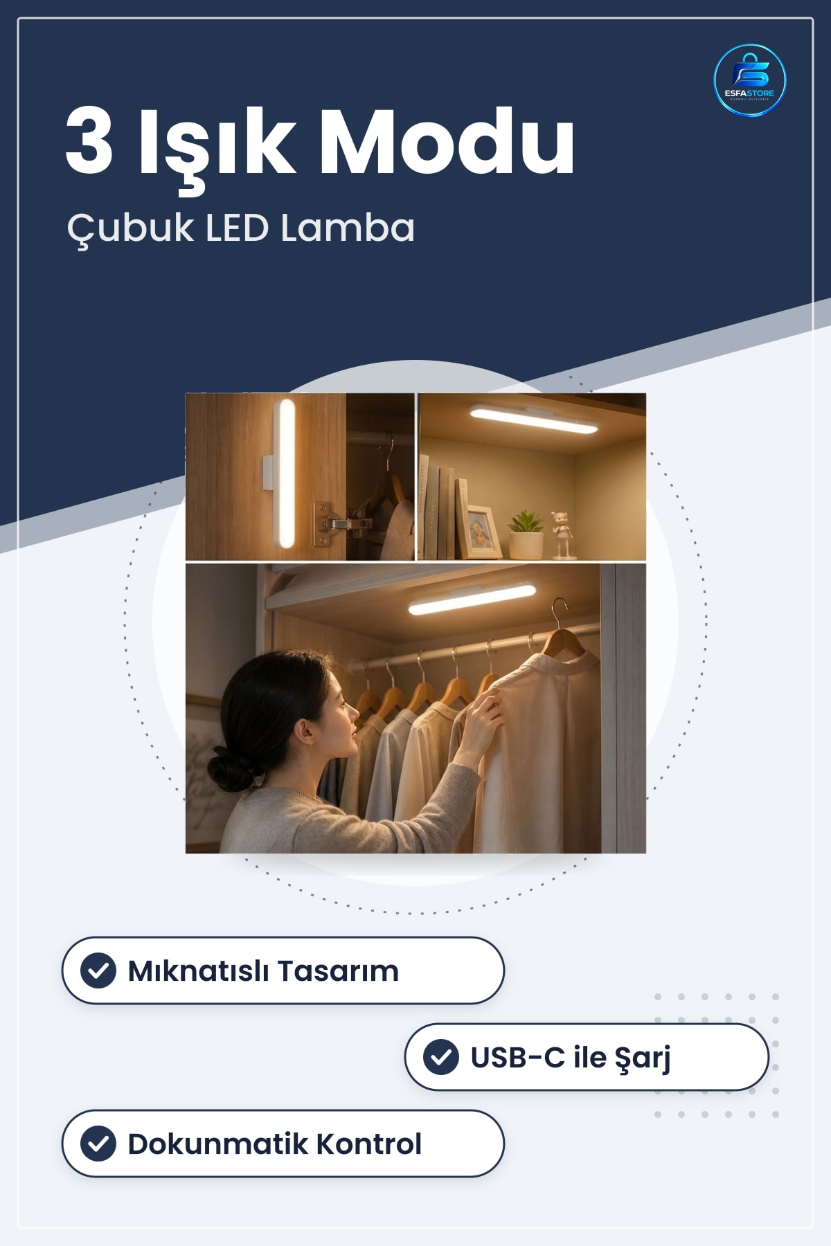 Şarjlı Mıknatıslı Çubuk LED Lamba Dokunmatik Kablosuz Dolap Altı Aydınlatma Üç Işık Modlu