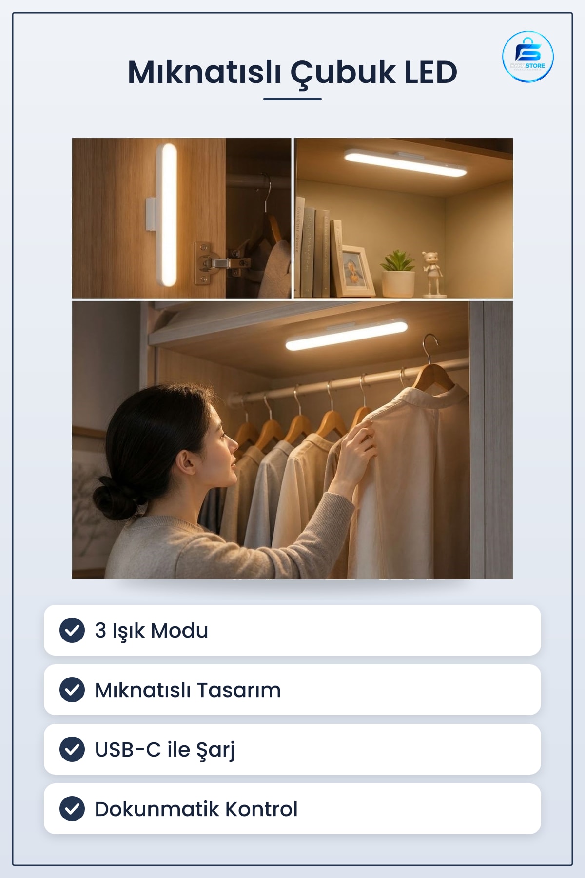 Şarjlı Mıknatıslı Çubuk LED Lamba Dokunmatik Kablosuz Dolap Altı Aydınlatma Üç Işık Modlu