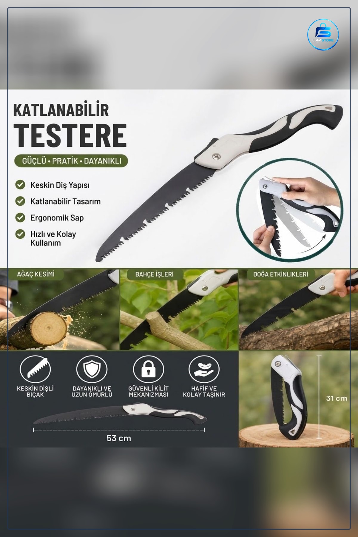 Katlanabilir El Testeresi Keskin Dişli Bahçe Budama Kamp ve Ahşap Kesim Aleti Kompakt Taşınabilir