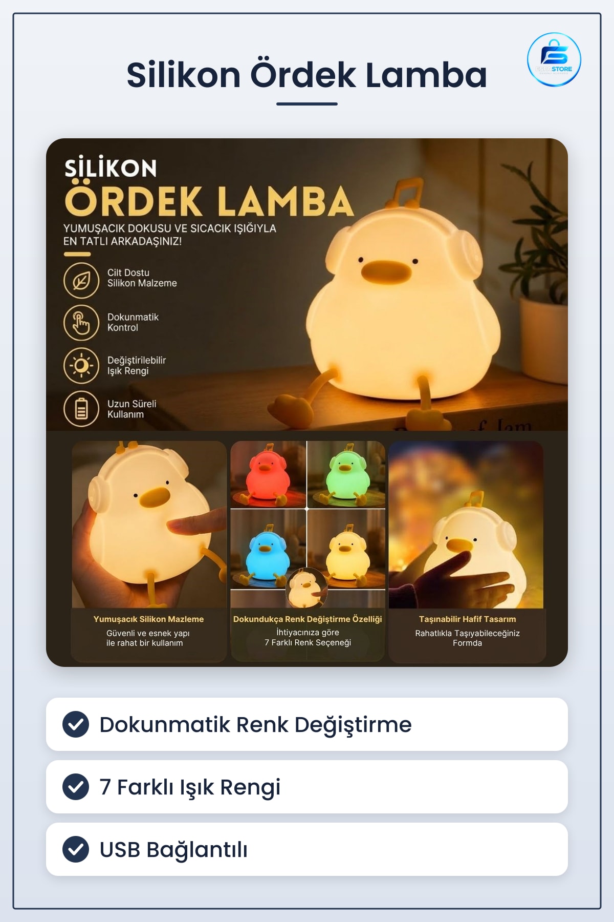 Silikon Ördek LED Masa Lambası Müzisyen Tasarımlı Dokunmatik Renk Değiştiren USB Gece Işığı