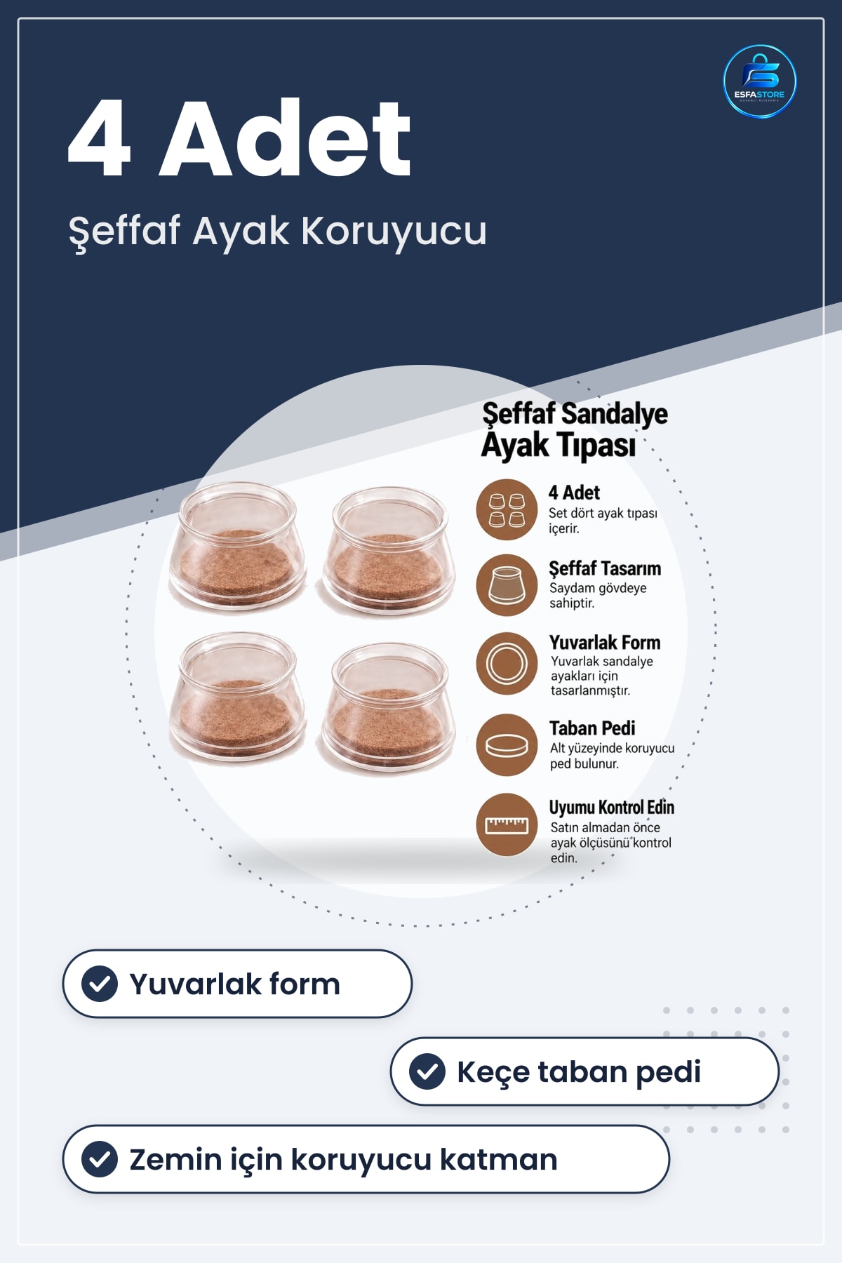 Yuvarlak Sandalye Tıpası Taban Pedli Koruyucu Başlık Seti Mobilya Ayağı Koruma Dayanıklı Pratik