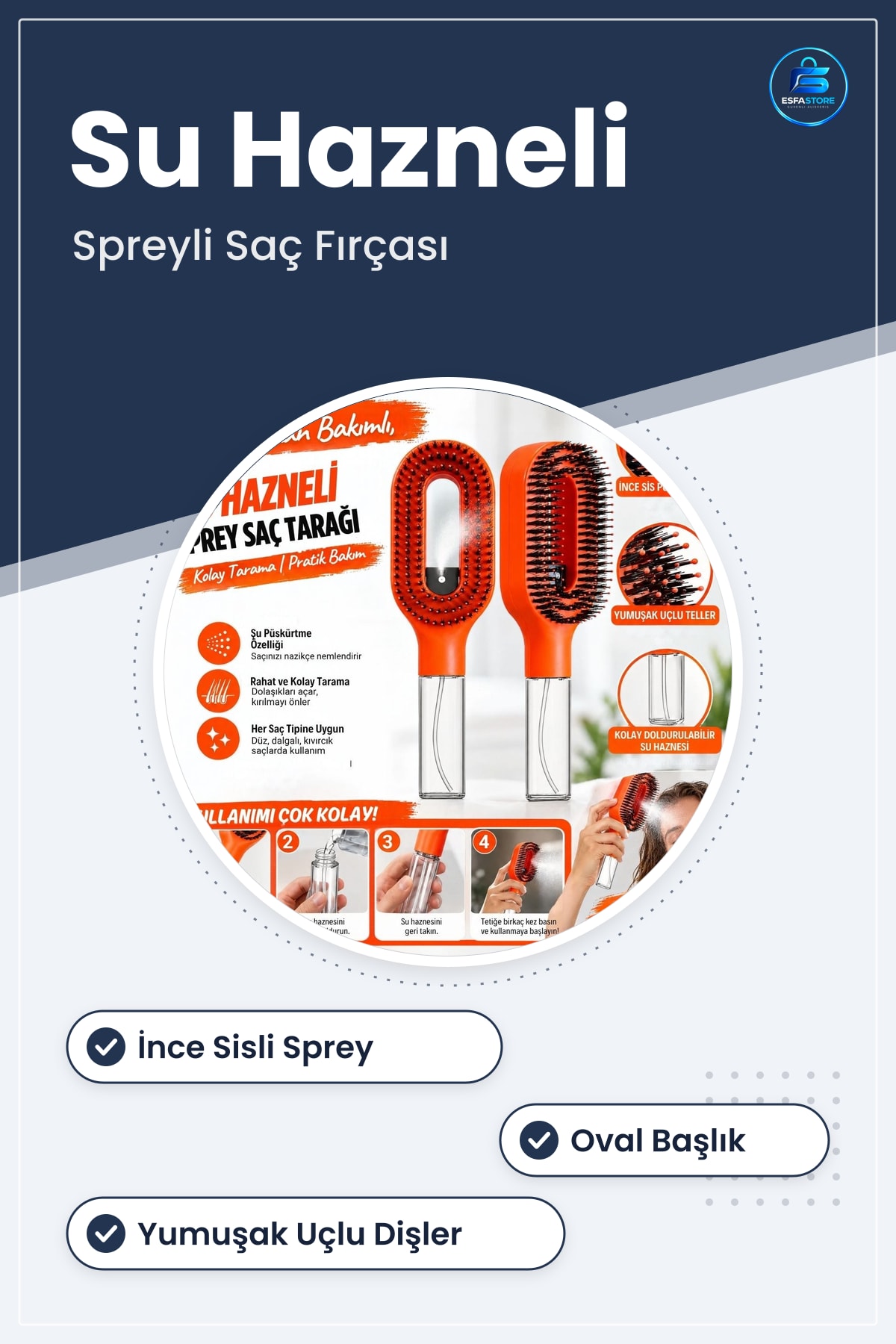 Su Hazneli Spreyli Saç Fırçası Oval Başlıklı Yuvarlatılmış Uçlu Tarama Dişleri Şekillendirme Aleti