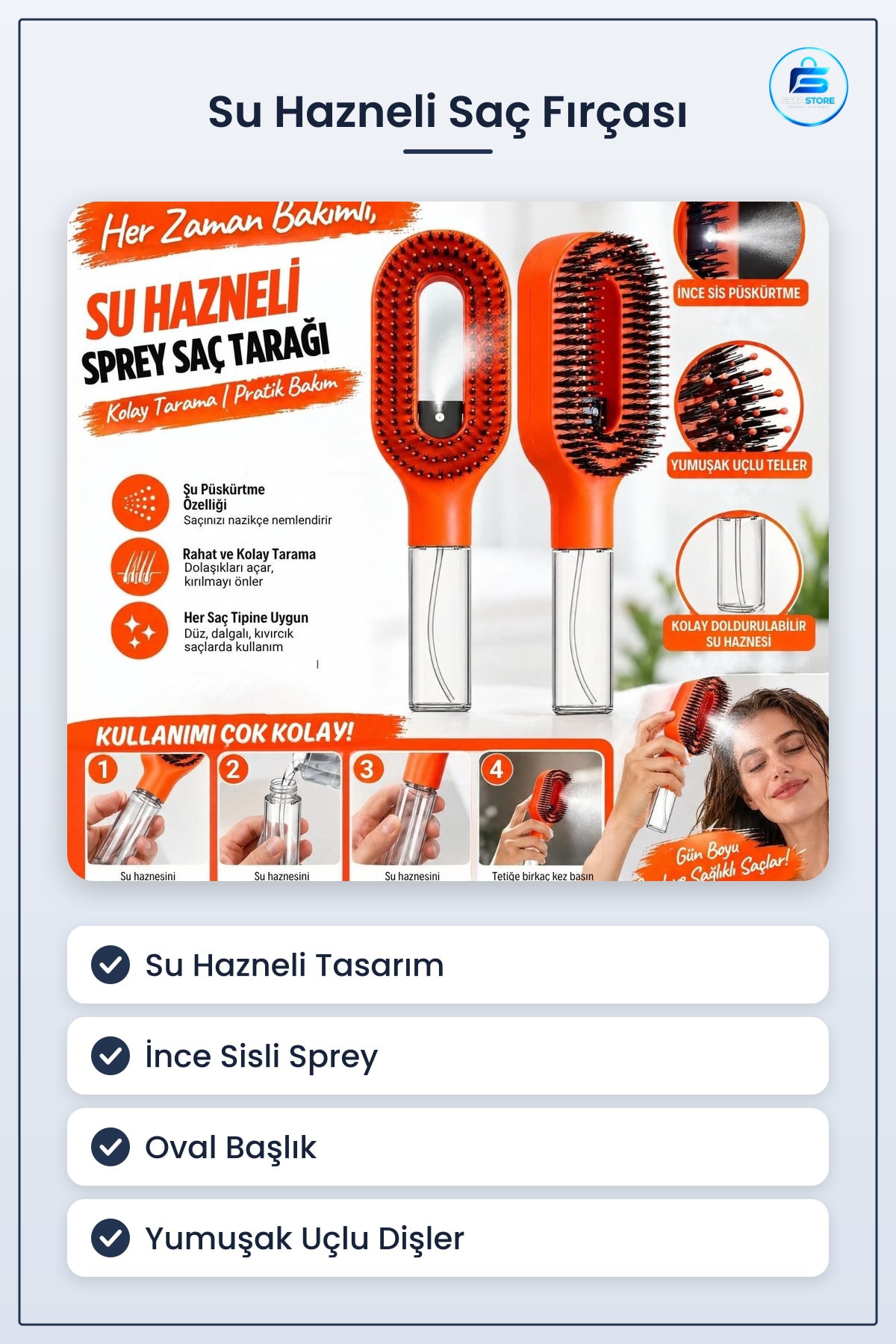 Su Hazneli Spreyli Saç Fırçası Oval Başlıklı Yuvarlatılmış Uçlu Tarama Dişleri Şekillendirme Aleti