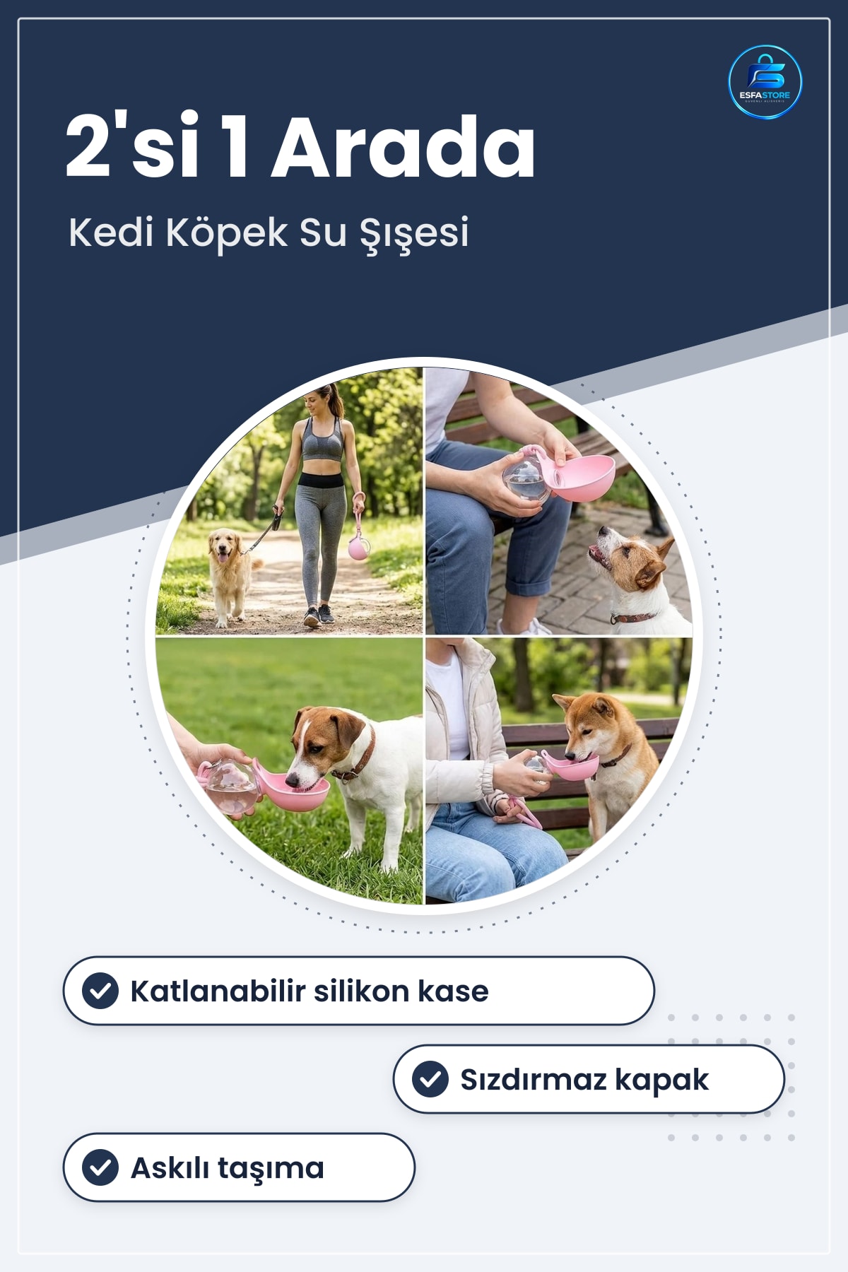 Kedi Köpek Su Şişesi Katlanabilir Kaseli 2si 1 Arada 285 ml Sızdırmaz Taşıma Askılı Seyahat Suluk