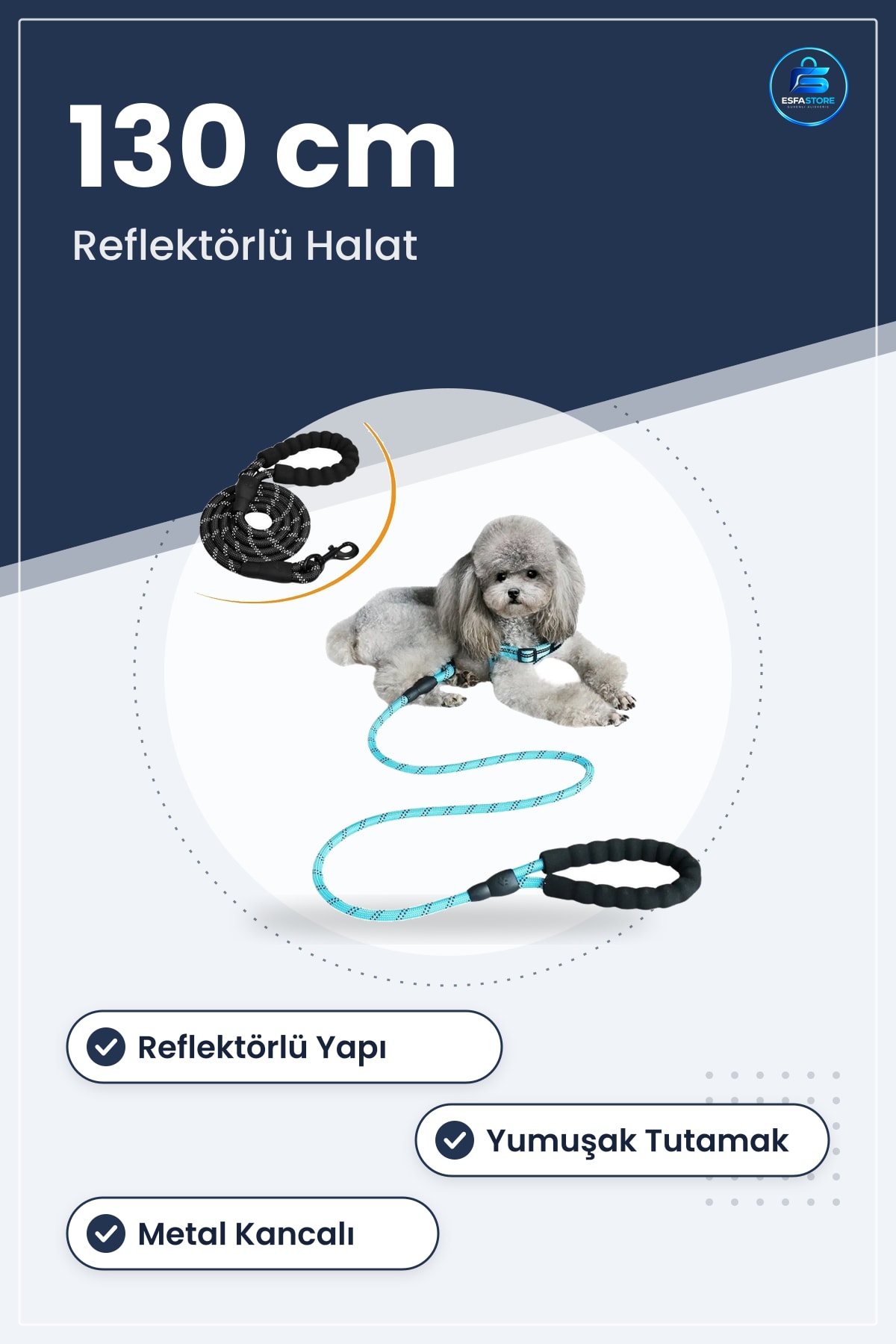 Köpek Gezdirme Halatı Reflektörlü Tasma Kayışı Metal Kancalı Yumuşak Tutamaklı Dayanıklı Pratik