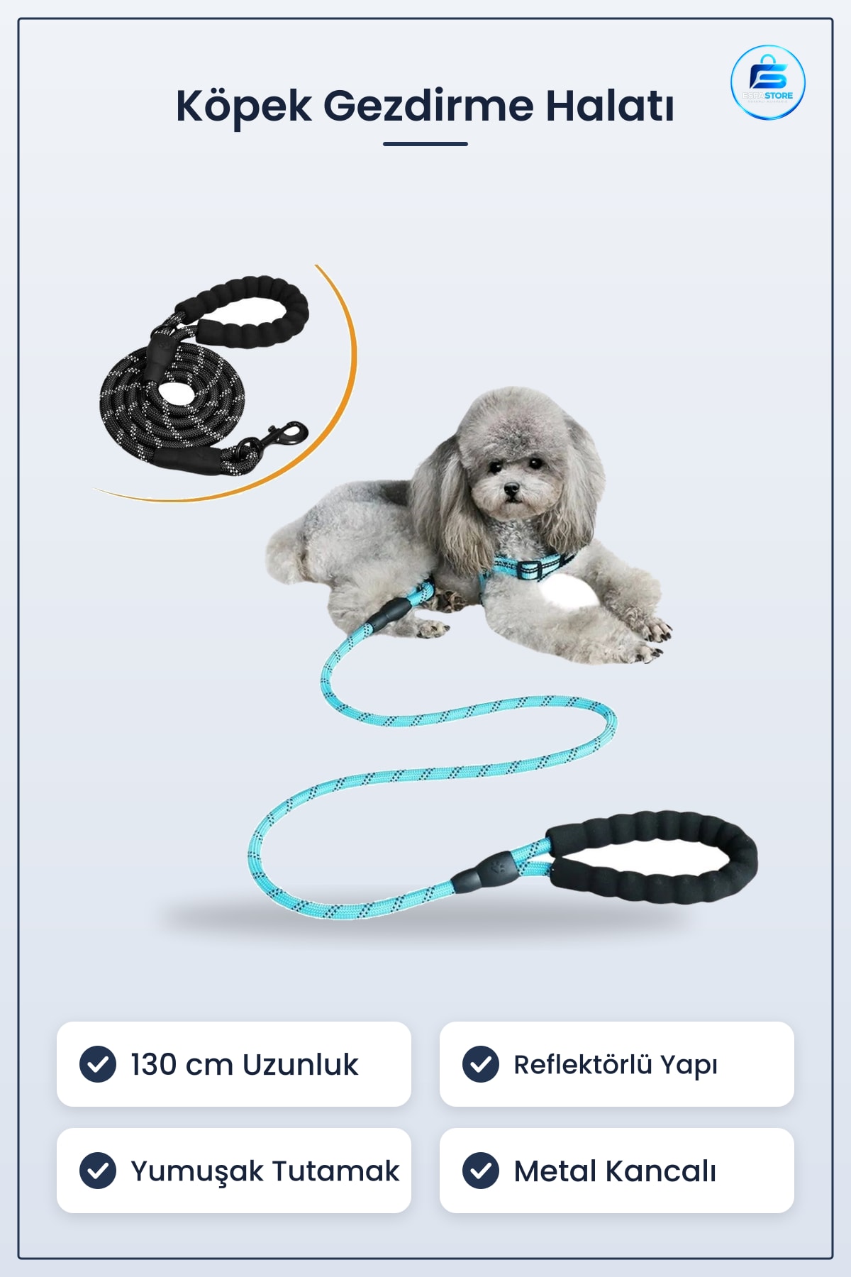 Köpek Gezdirme Halatı Reflektörlü Tasma Kayışı Metal Kancalı Yumuşak Tutamaklı Dayanıklı Pratik