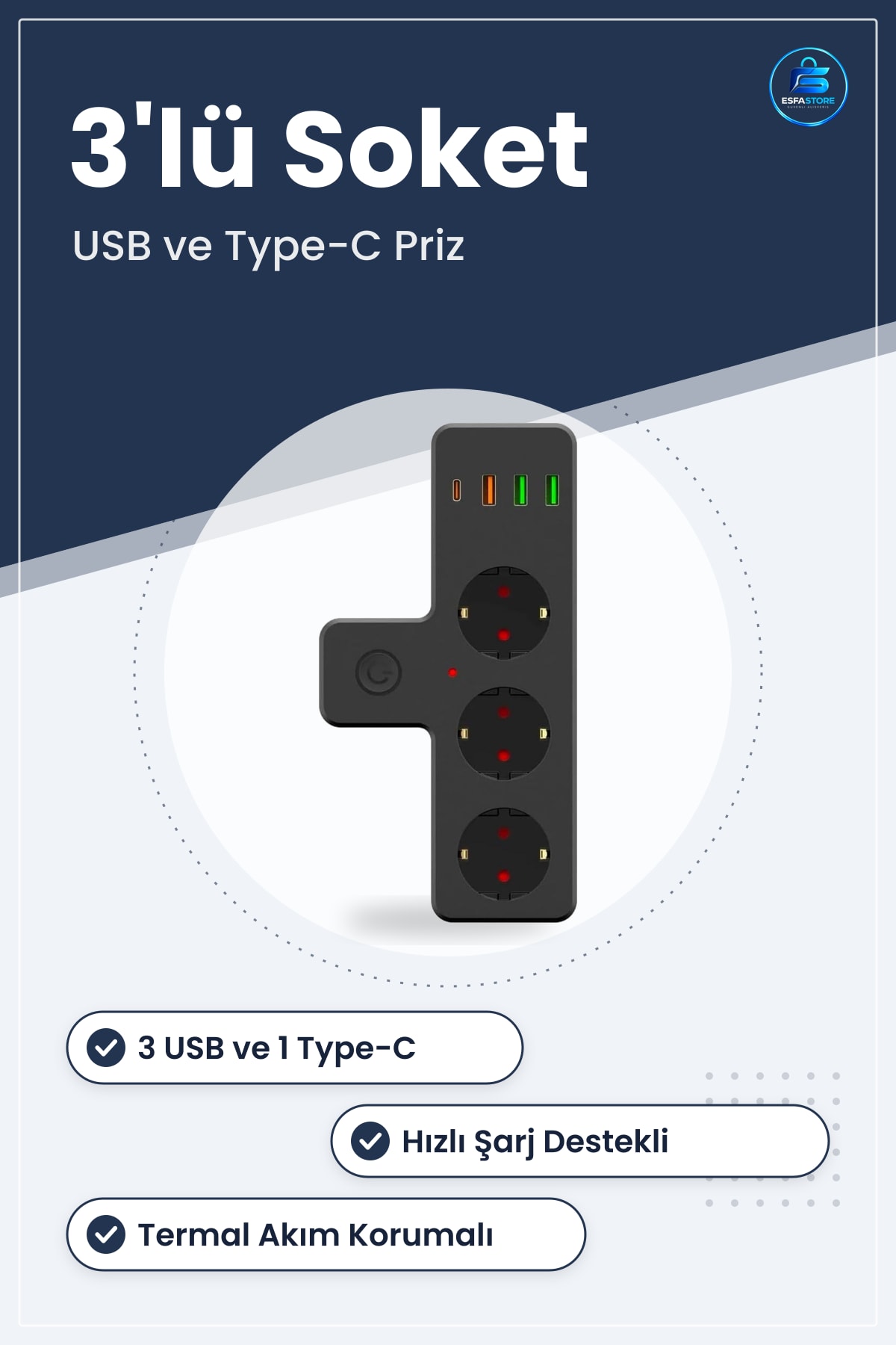 Termal Akım Korumalı Priz Soket USB ve Type C Girişli Hızlı Şarj Destekli Çoklu Bağlantı Ünitesi