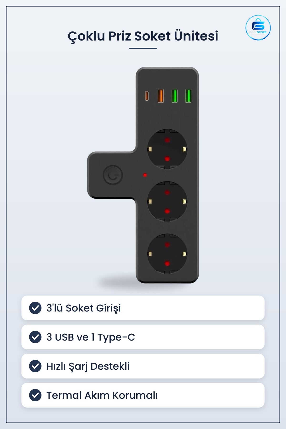 Termal Akım Korumalı Priz Soket USB ve Type C Girişli Hızlı Şarj Destekli Çoklu Bağlantı Ünitesi
