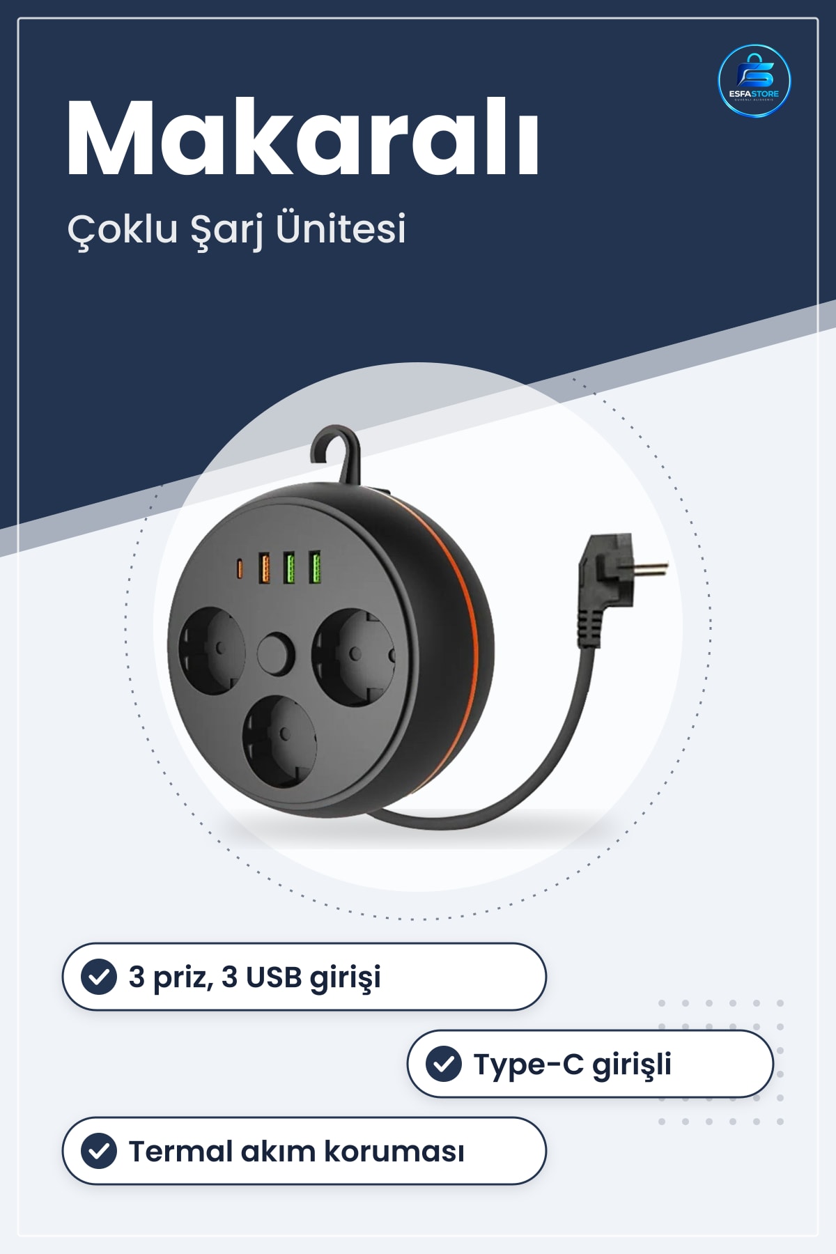 Termal Akım Korumalı Makaralı Priz Soket USB ve Type-C Girişli Taşınabilir Çoklu Şarj Ünitesi
