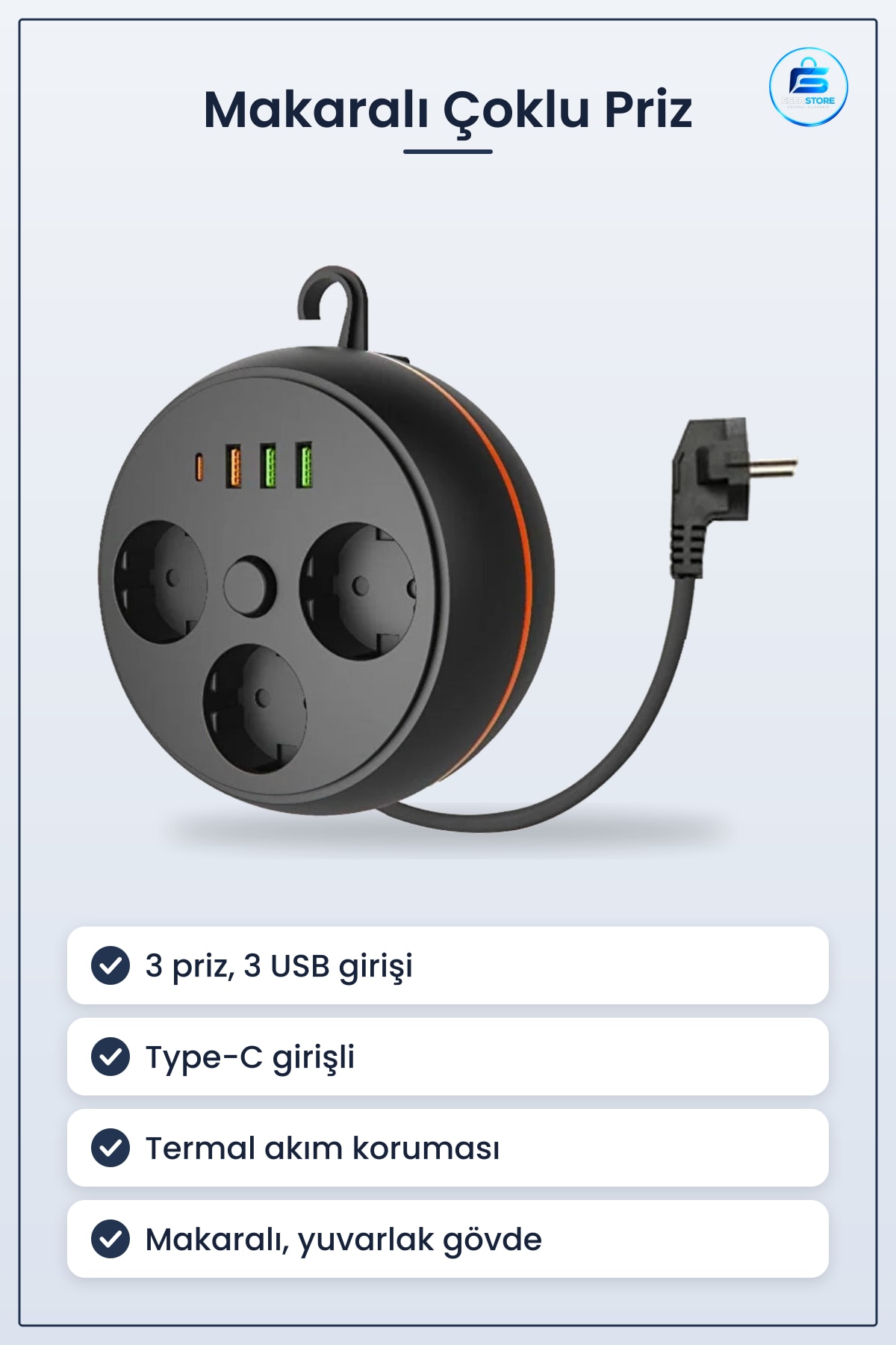 Termal Akım Korumalı Makaralı Priz Soket USB ve Type-C Girişli Taşınabilir Çoklu Şarj Ünitesi