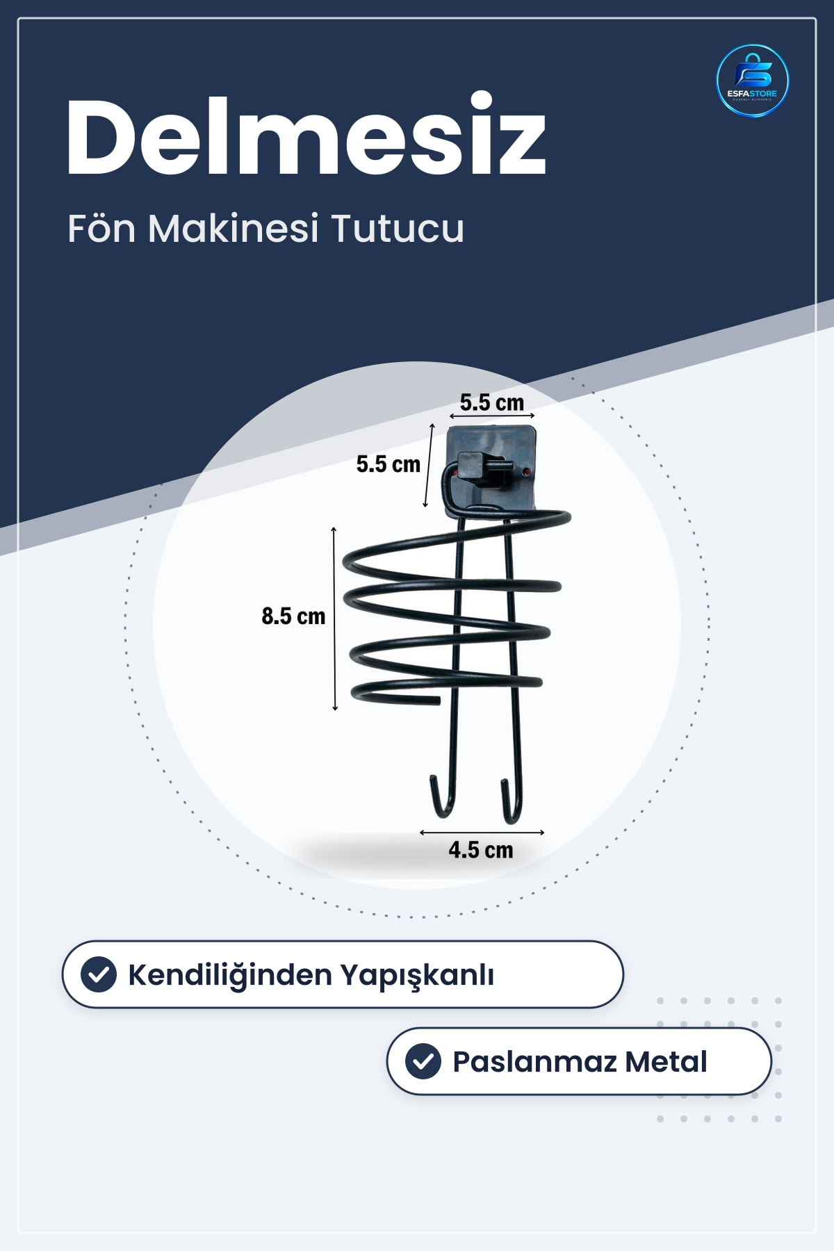 Fön Makinesi Askısı Kendiliğinden Yapışkanlı Paslanmaz Metal Banyo Mutfak Delmesiz Montajlı Tutucu