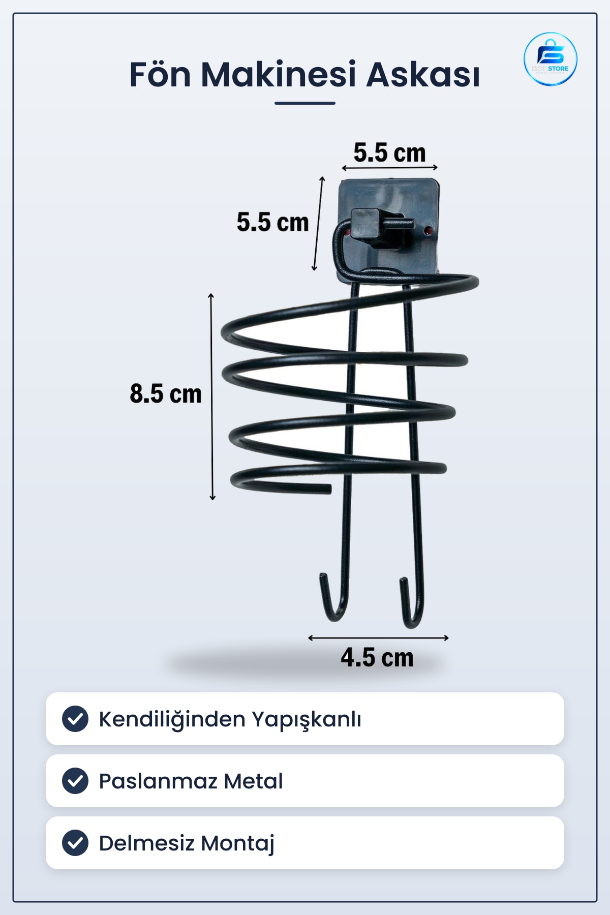 Fön Makinesi Askısı Kendiliğinden Yapışkanlı Paslanmaz Metal Banyo Mutfak Delmesiz Montajlı Tutucu