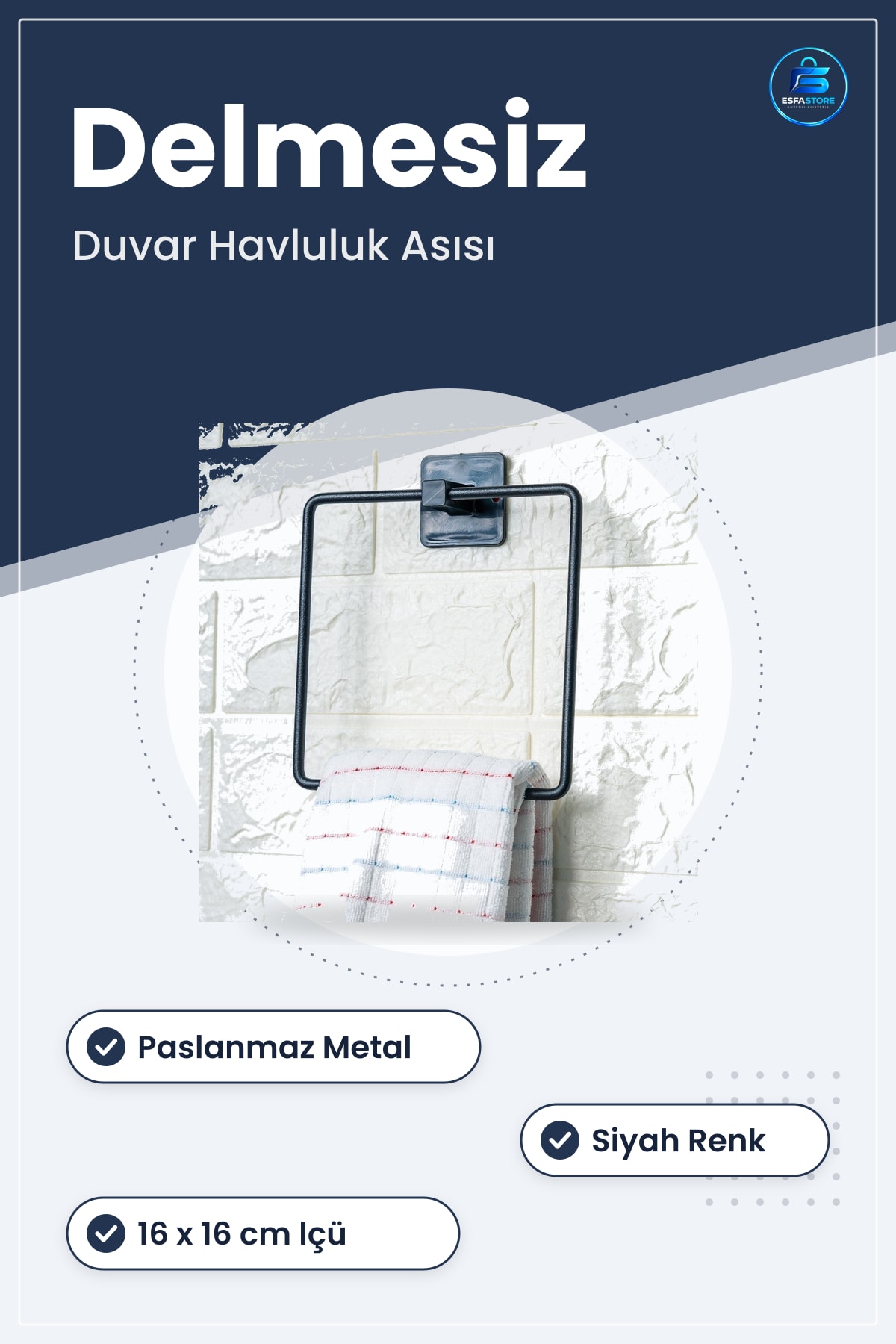 Kendiliğinden Yapışkanlı Paslanmaz Metal Kare Havluluk Delmesiz Montaj Banyo ve Mutfak Duvar Askısı