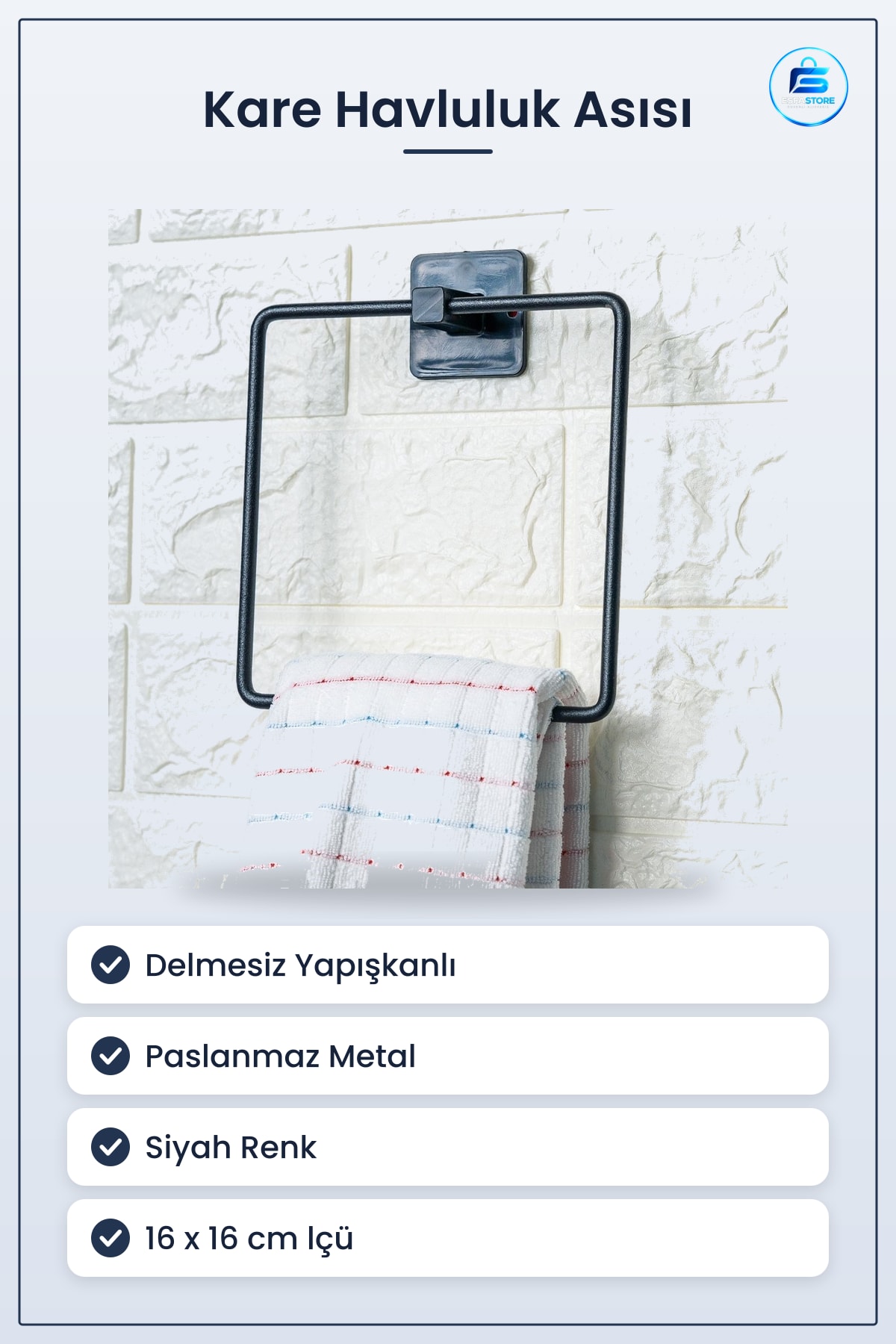 Kendiliğinden Yapışkanlı Paslanmaz Metal Kare Havluluk Delmesiz Montaj Banyo ve Mutfak Duvar Askısı