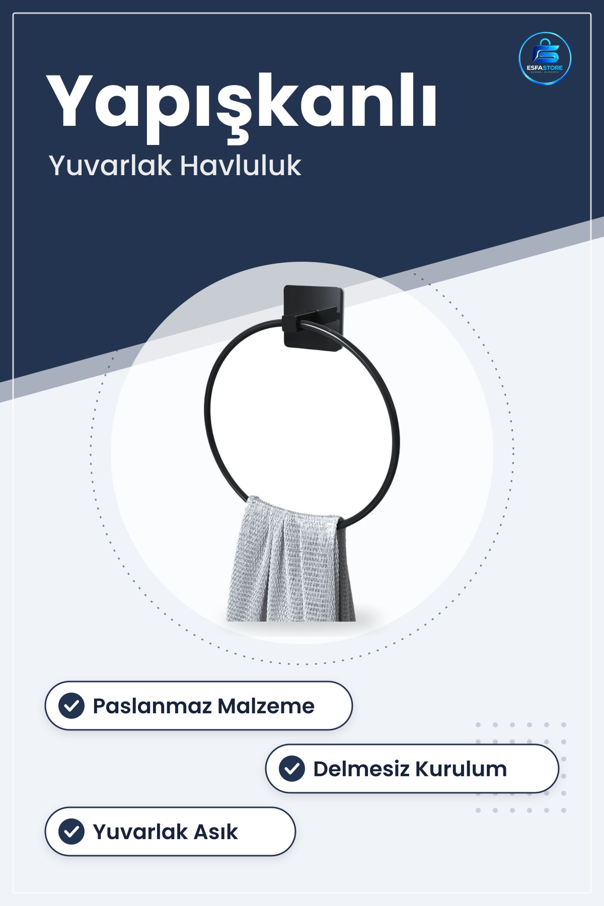 Kendiliğinden Yapışkanlı Yuvarlak Havluluk Paslanmaz Delmesiz Banyo Mutfak Duvar Askısı Hijyenik