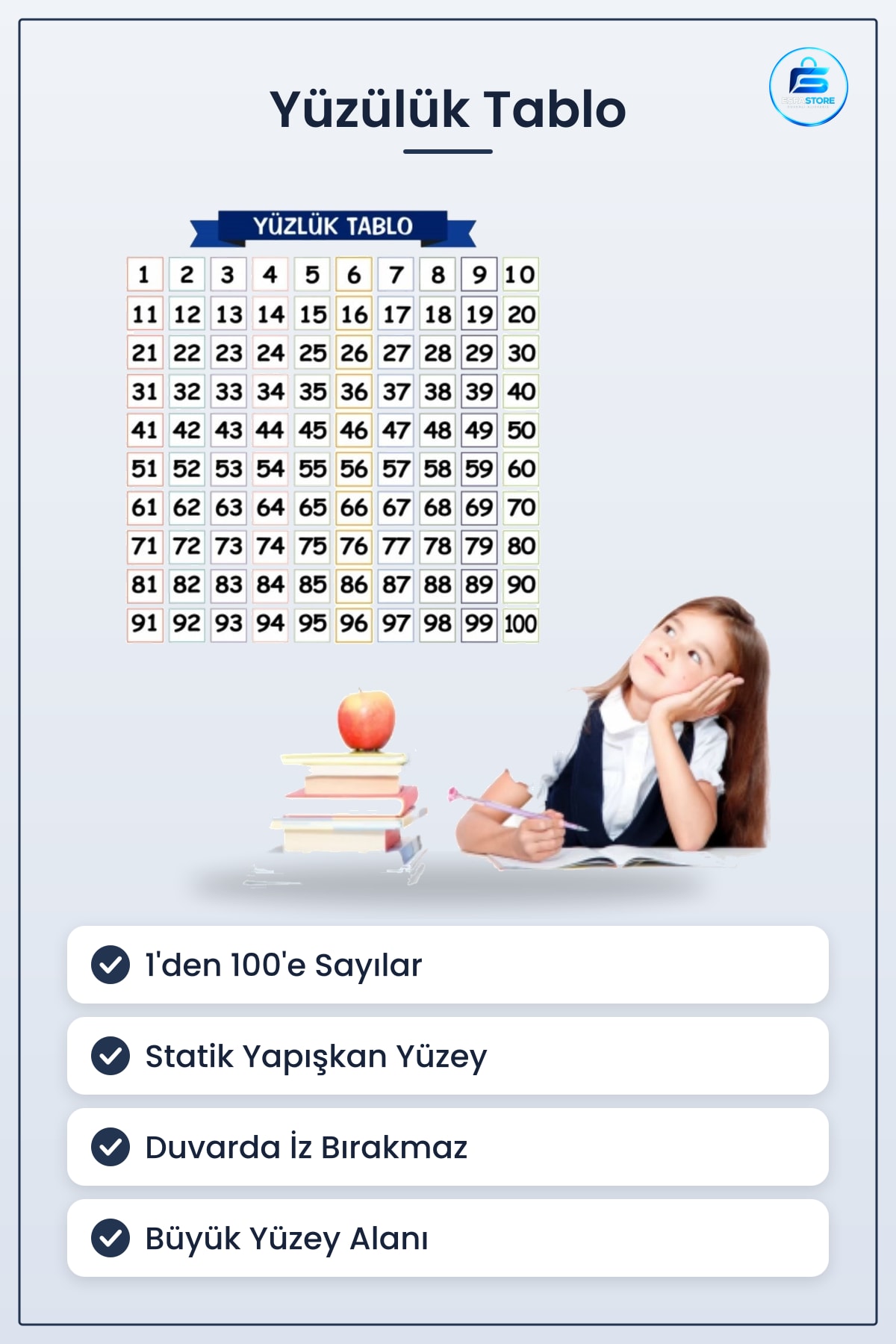Matematik Öğreten Yüzlük Tablo Statik Kağıt Duvarda İz Bırakmaz Eğitim Materyali Okul Ofis Pratik