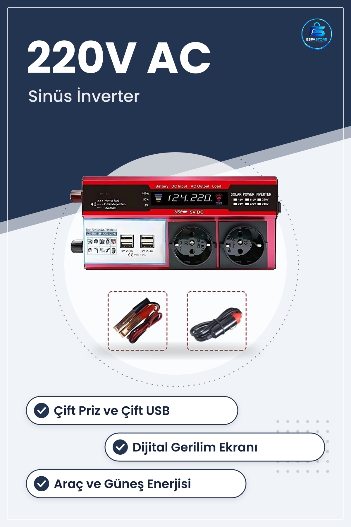 Modifiye Sinüs İnverter Araç ve Güneş Enerjisi Uyumlu Çift USB Priz Çakmaklık Dönüştürücü