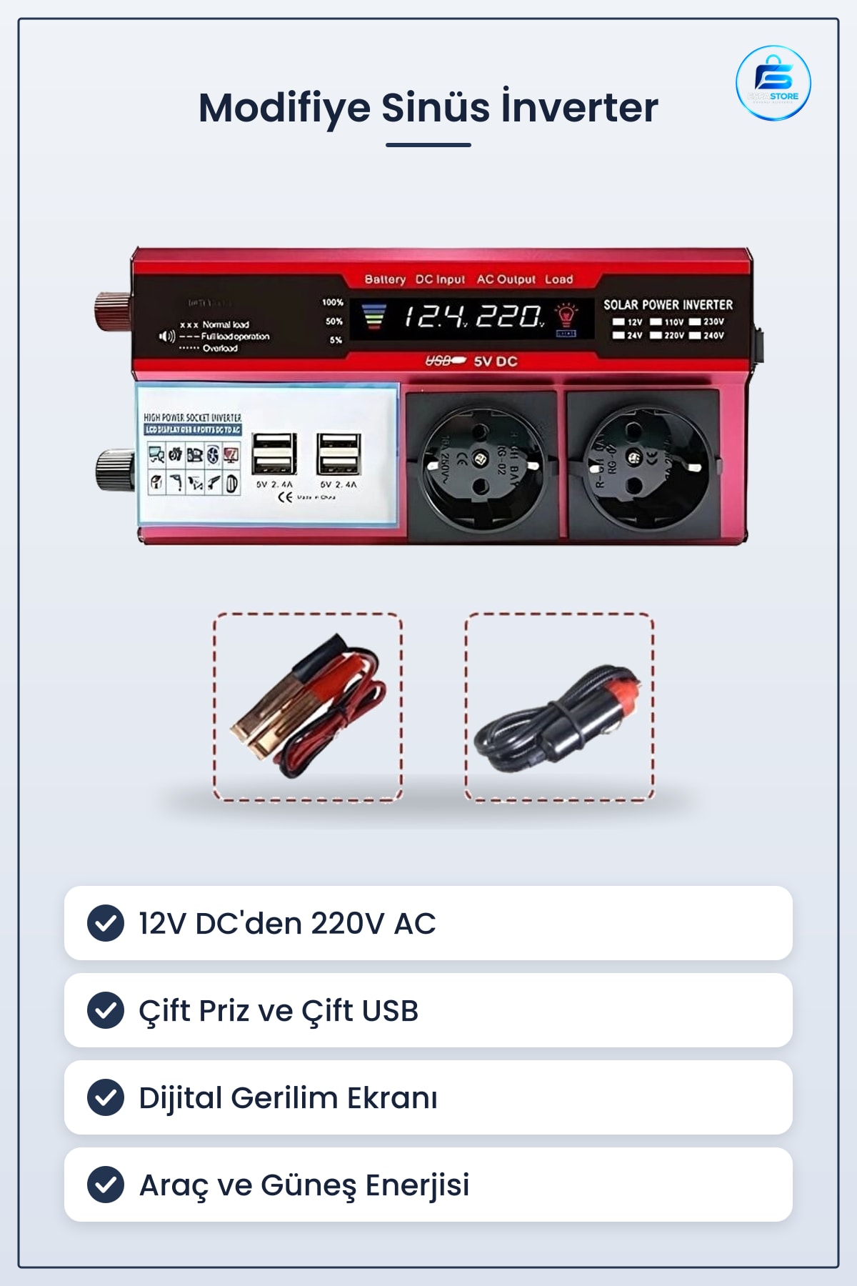Modifiye Sinüs İnverter Araç ve Güneş Enerjisi Uyumlu Çift USB Priz Çakmaklık Dönüştürücü