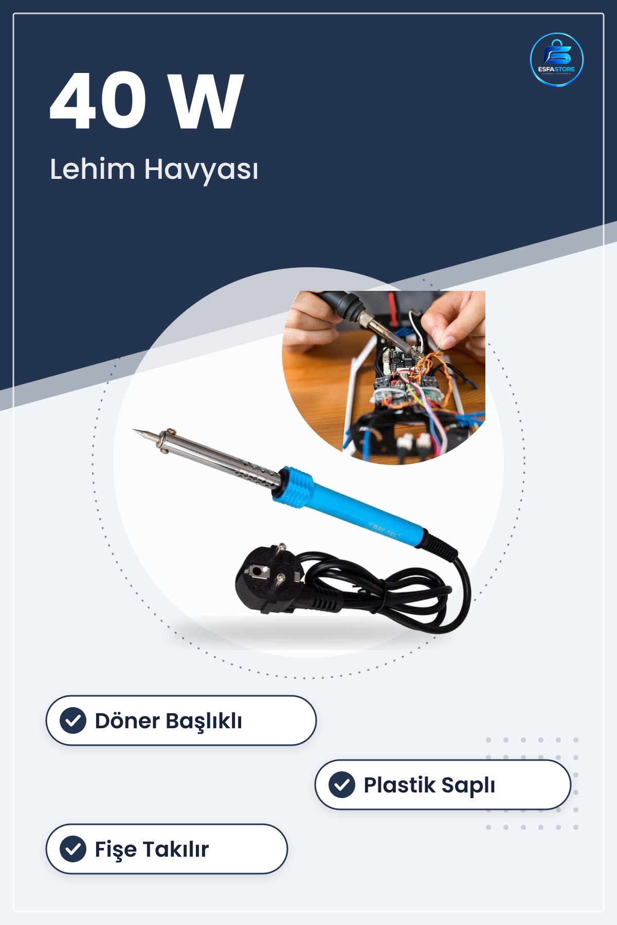 Havya Kalemi 40 W Plastik Saplı Elektrikli Döner Başlıklı Mavi Elektronik Lehim Tamir Aracı