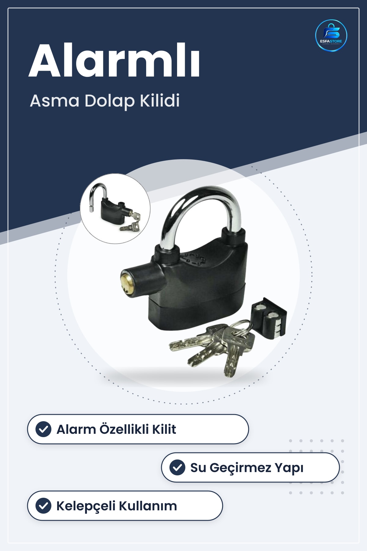 Alarmlı Asma Dolap Kilidi Siyah dB Çok Fonksiyonlu Ekstra Güvenlikli Kelepçeli Su Geçirmez