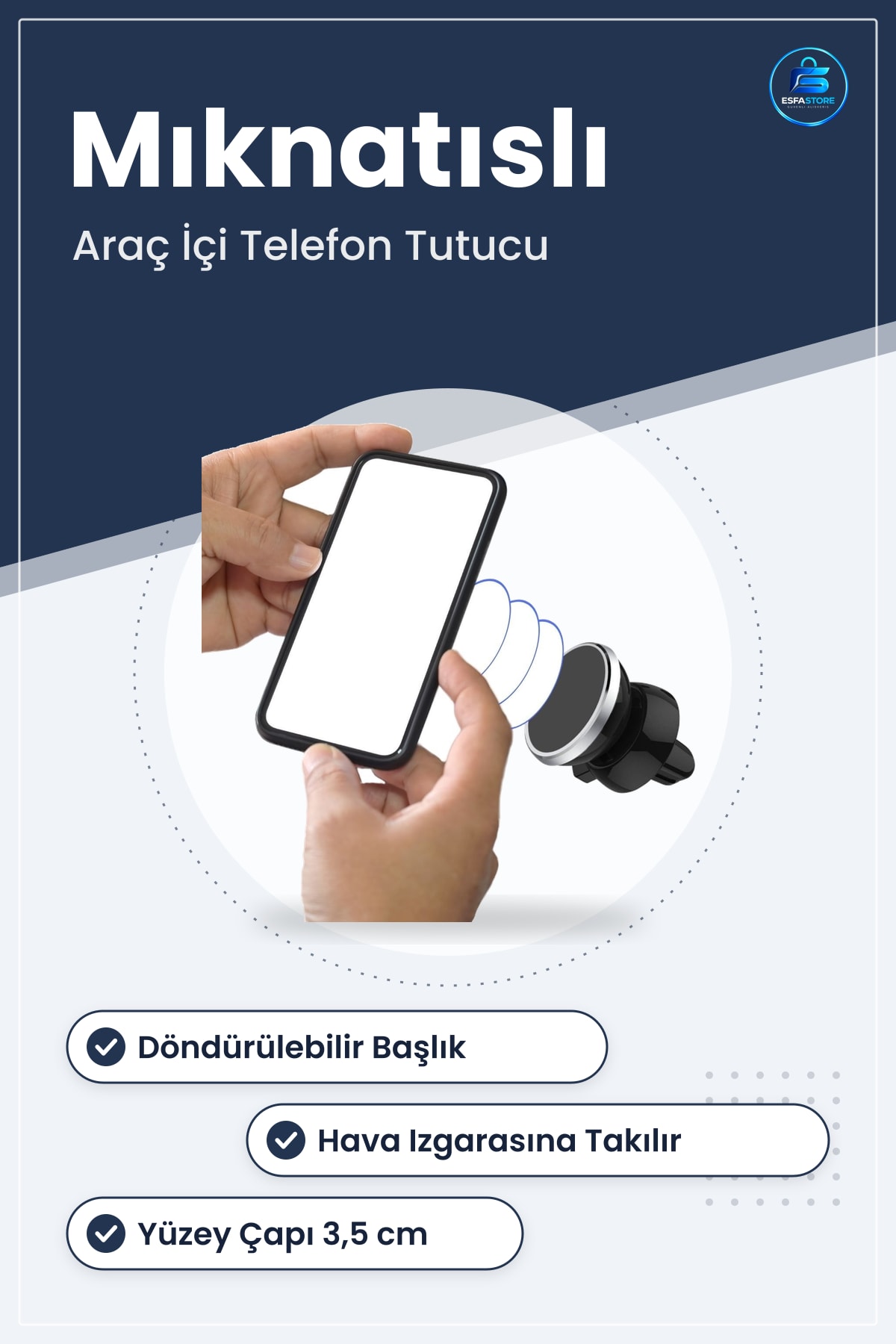 Araç İçi Izgara Telefon Tutucu Mıknatıslı Döndürülebilir Yuvarlak 5 cm Yükseklik 3,5 Genişlik