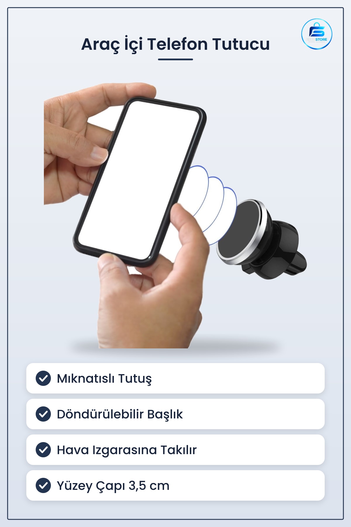 Araç İçi Izgara Telefon Tutucu Mıknatıslı Döndürülebilir Yuvarlak 5 cm Yükseklik 3,5 Genişlik