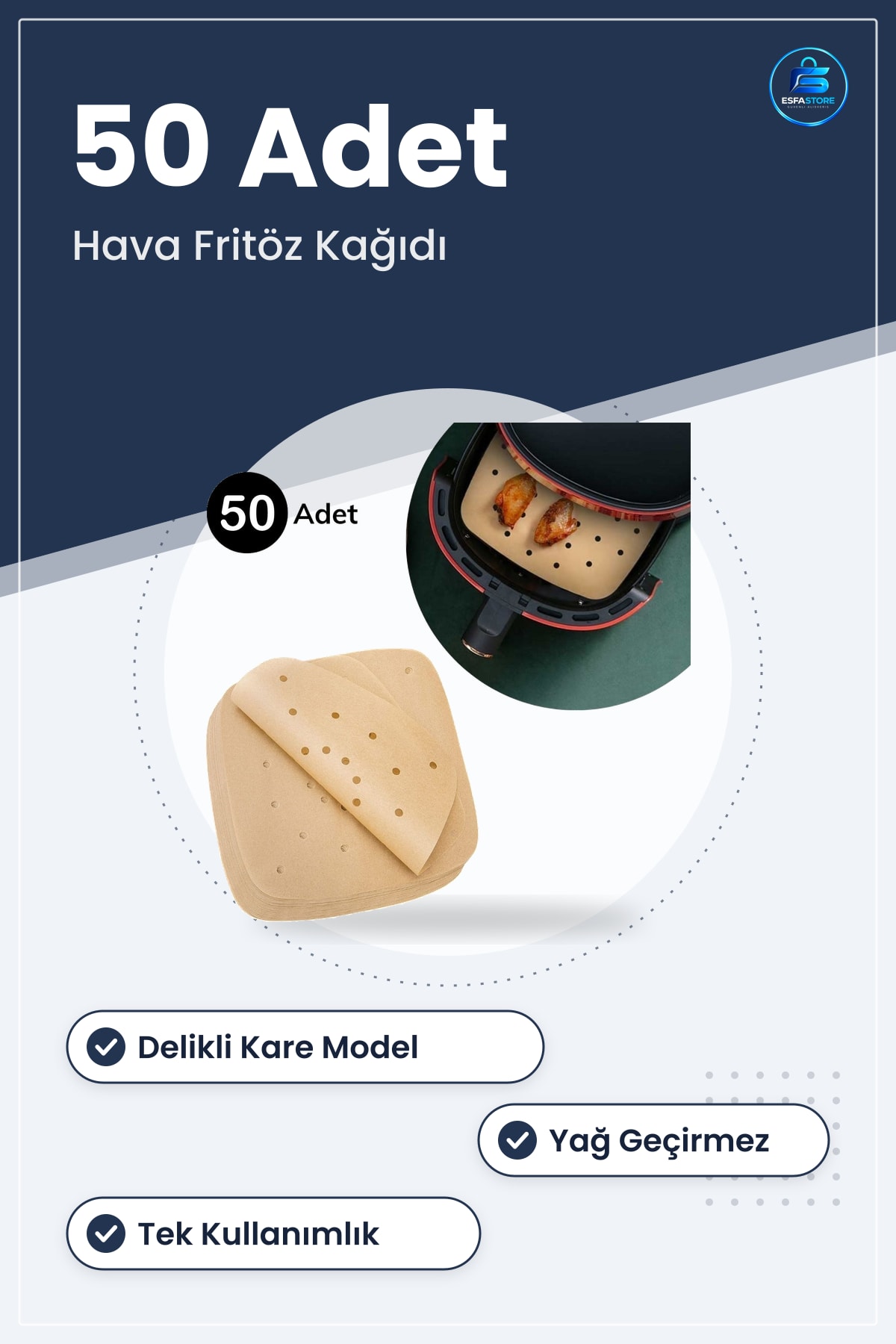 Air Fryer Pişirme Kağıdı 50 Adet Tek Kullanımlık Delikli Kare Model Yapışmaz Yağlı Kağıt