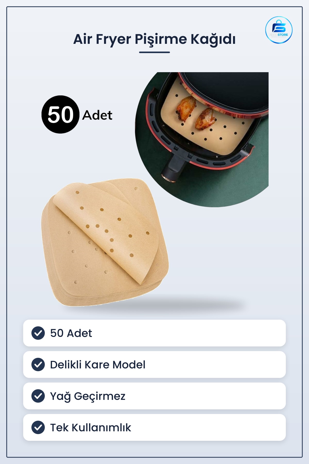 Air Fryer Pişirme Kağıdı 50 Adet Tek Kullanımlık Delikli Kare Model Yapışmaz Yağlı Kağıt