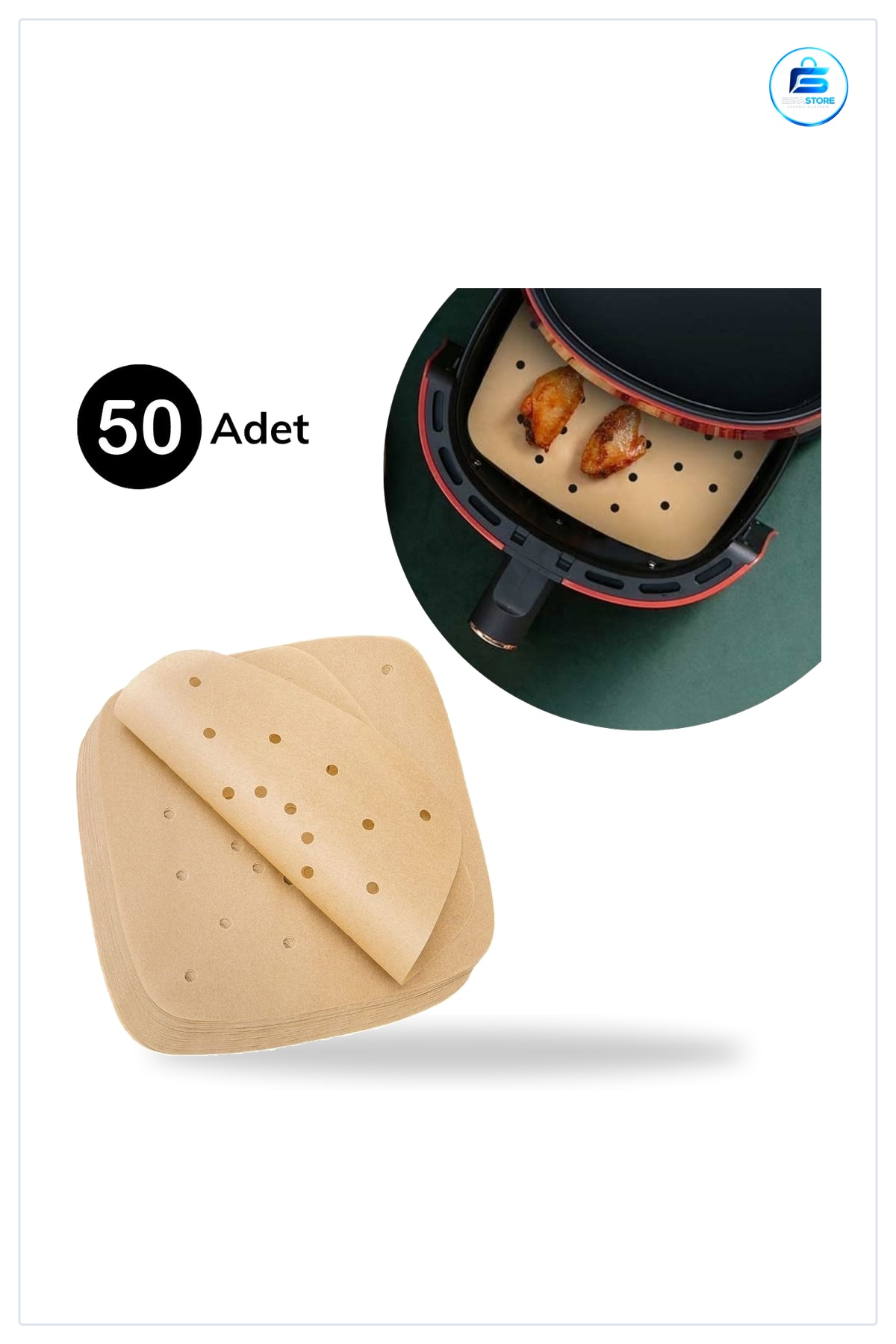 Air Fryer Pişirme Kağıdı 50 Adet Tek Kullanımlık Delikli Kare Model Yapışmaz Yağlı Kağıt