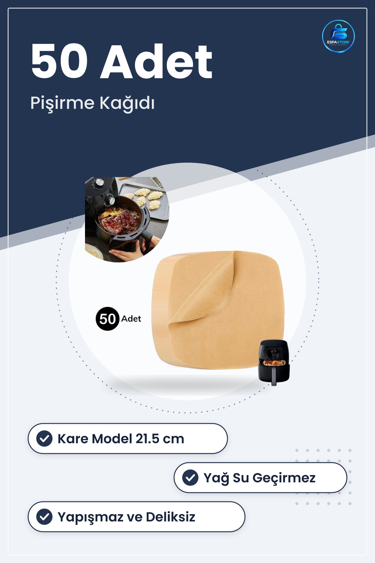 Air Fryer Pişirme Kağıdı 50 Adet Tek Kullanımlık Yağ Su Geçirmez Yapışmaz Deliksiz Düz Kare