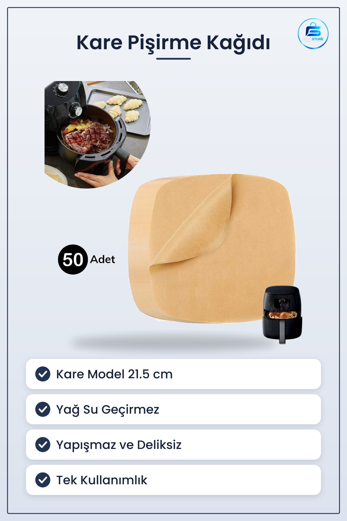 Air Fryer Pişirme Kağıdı 50 Adet Tek Kullanımlık Yağ Su Geçirmez Yapışmaz Deliksiz Düz Kare