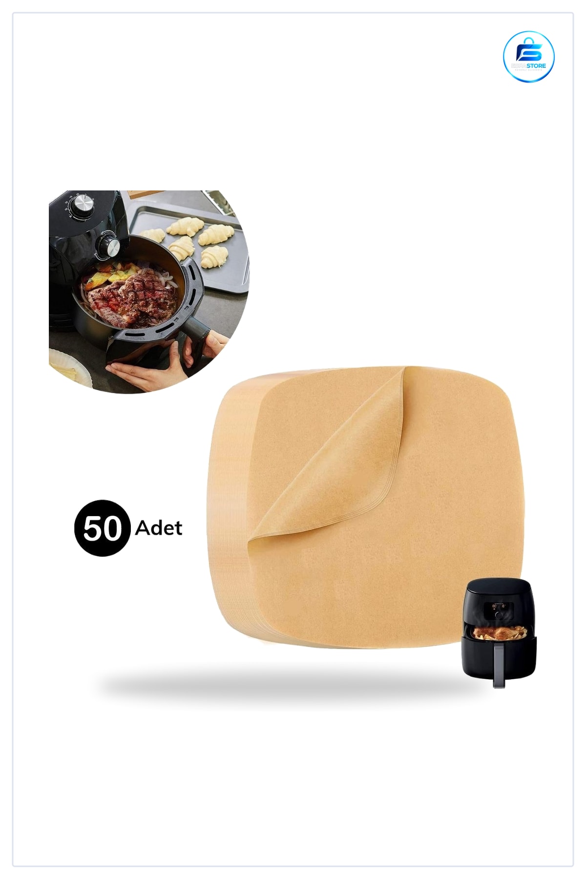 Air Fryer Pişirme Kağıdı 50 Adet Tek Kullanımlık Yağ Su Geçirmez Yapışmaz Deliksiz Düz Kare
